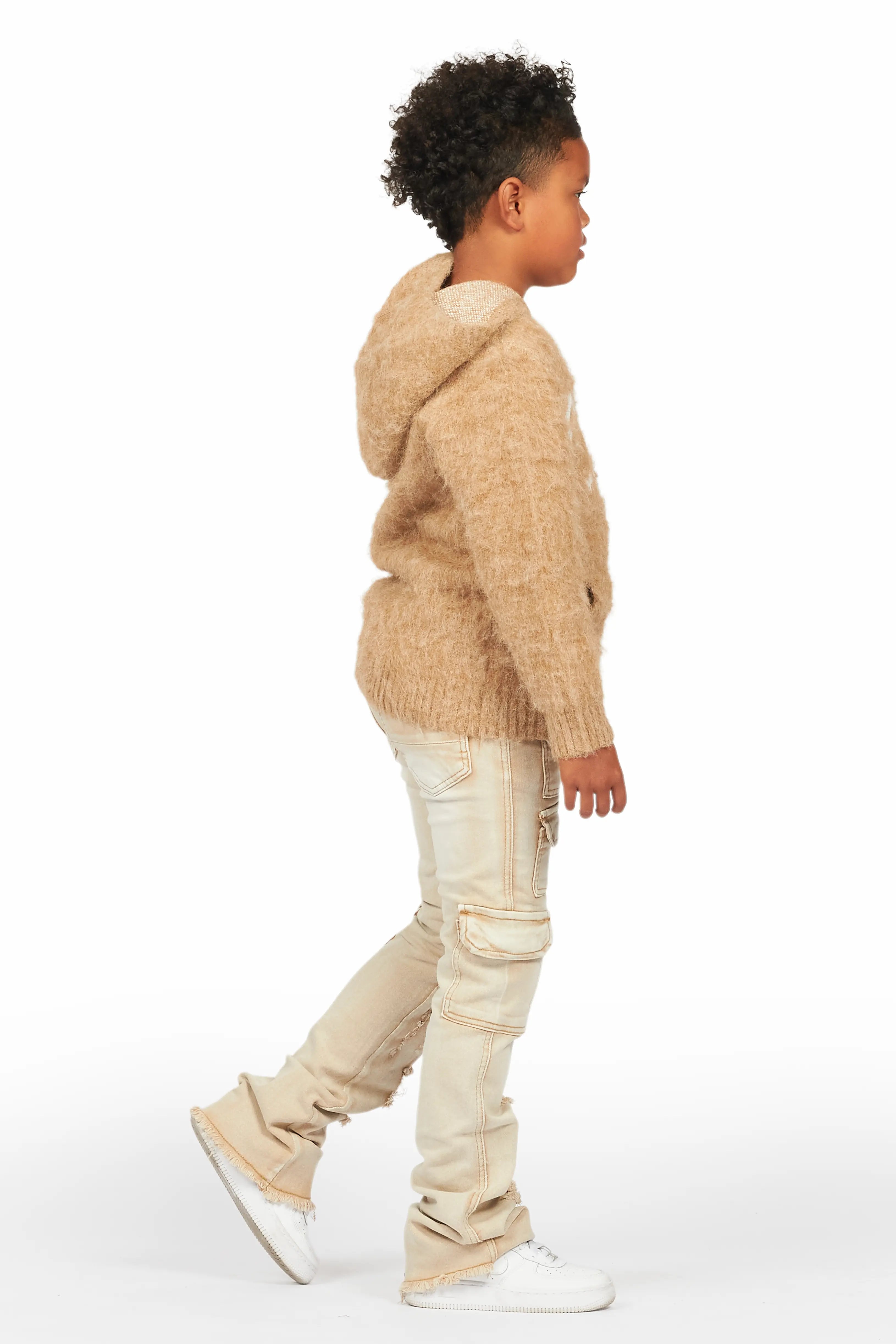 Boys Andros Brown/Tan Mohair Hoodie/Stacked Flare Jean Set