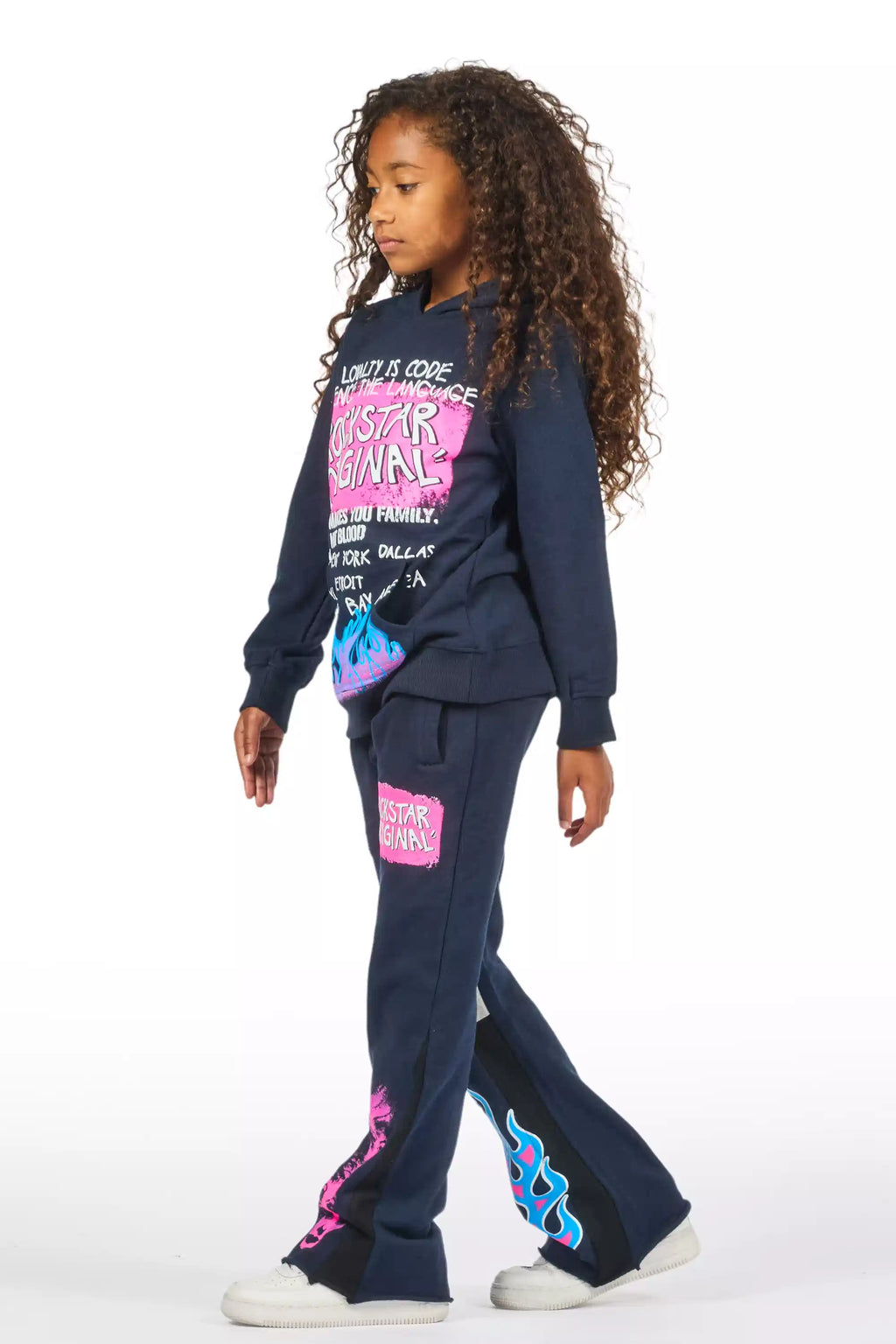 Girls Bridgette Navy/Pink Hoodie Stacked Flare Track Set