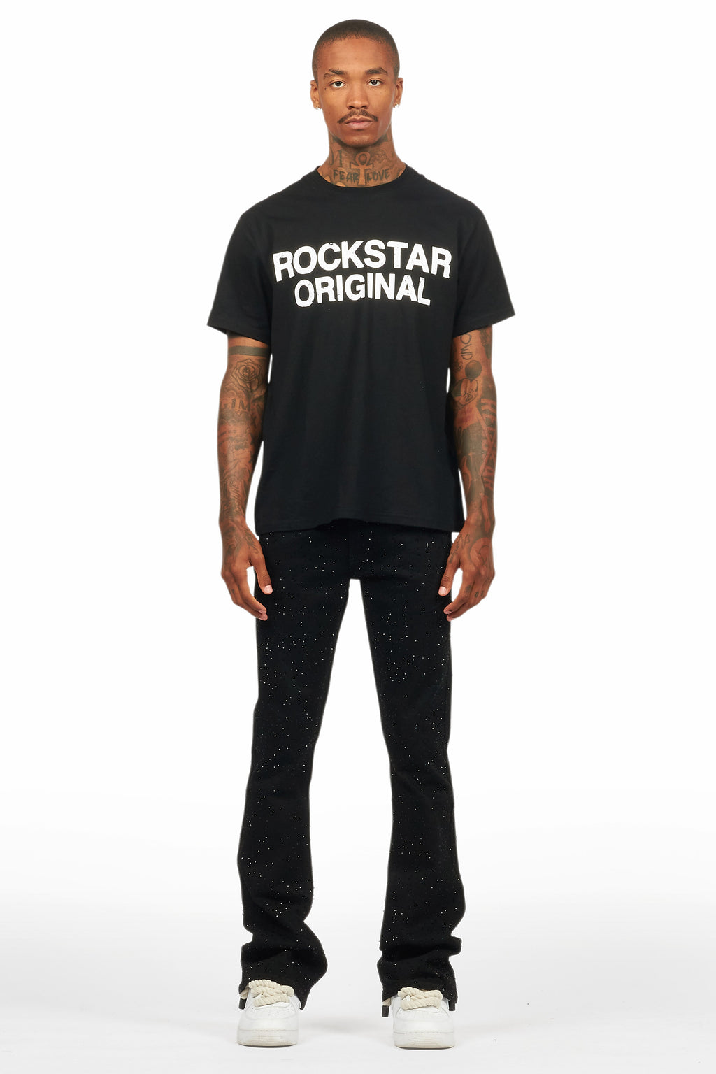 Lucki Black Rhinestone Stacked Flare Jean