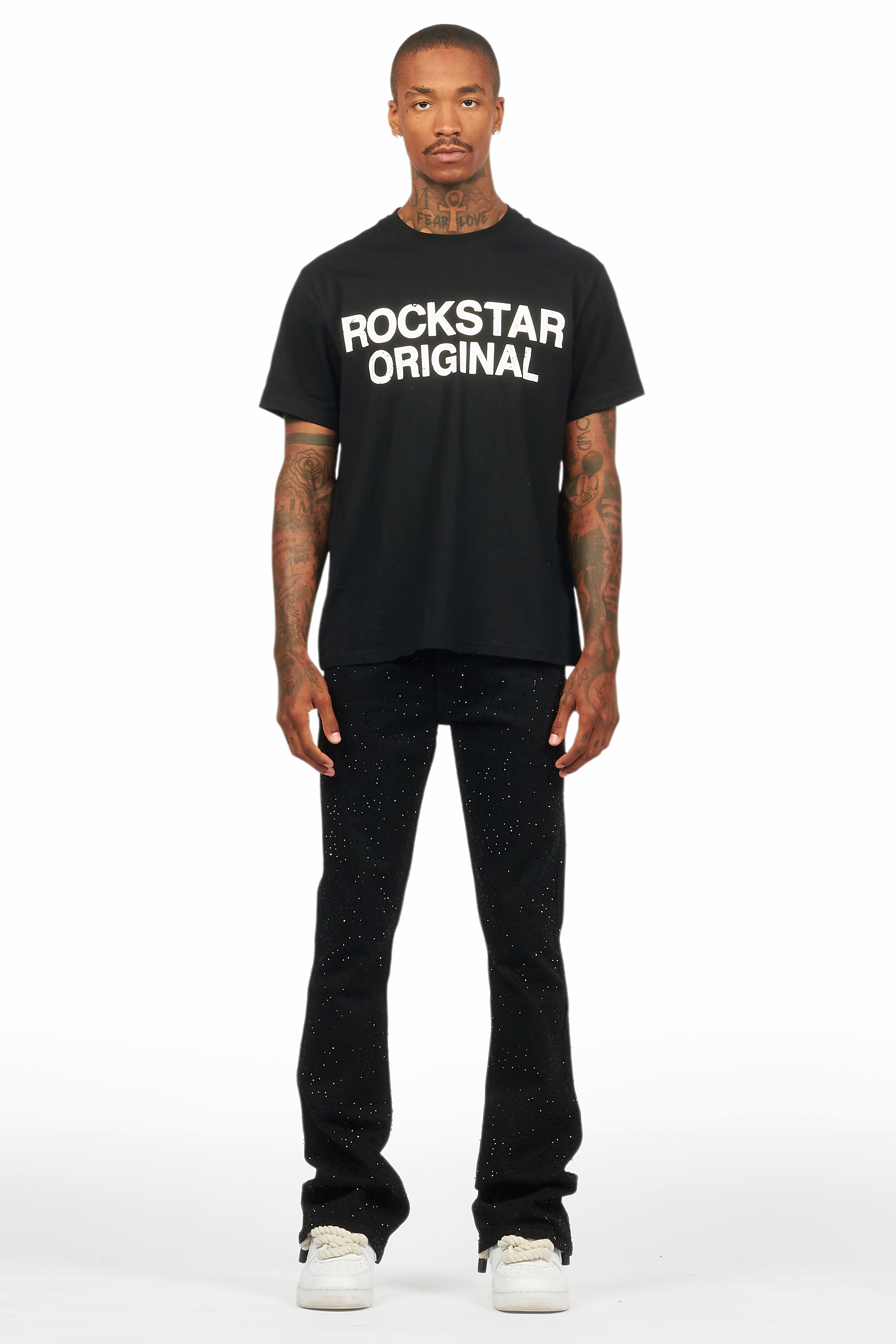 Lucki Black Rhinestone Stacked Flare Jean