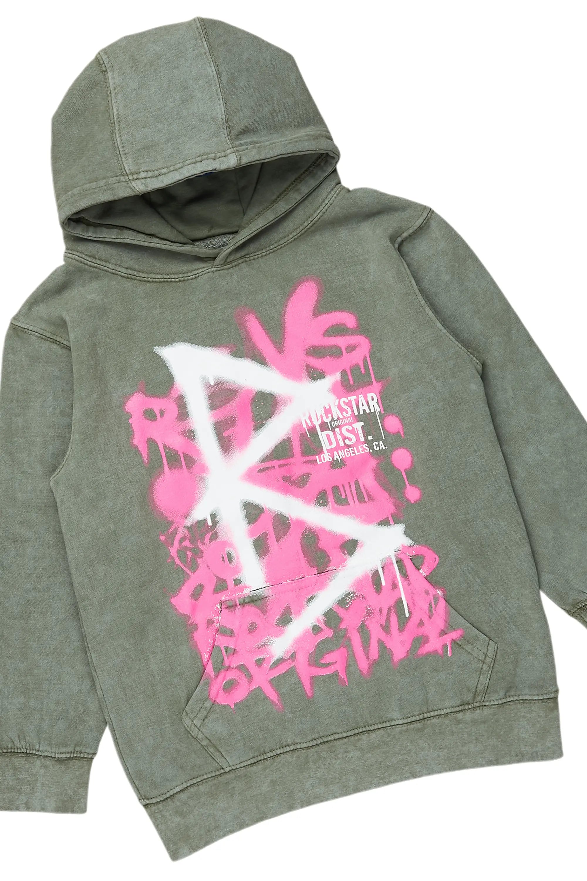 Girls Nahomy Vintage Green Hoodie/Stacked Flare Jean Set