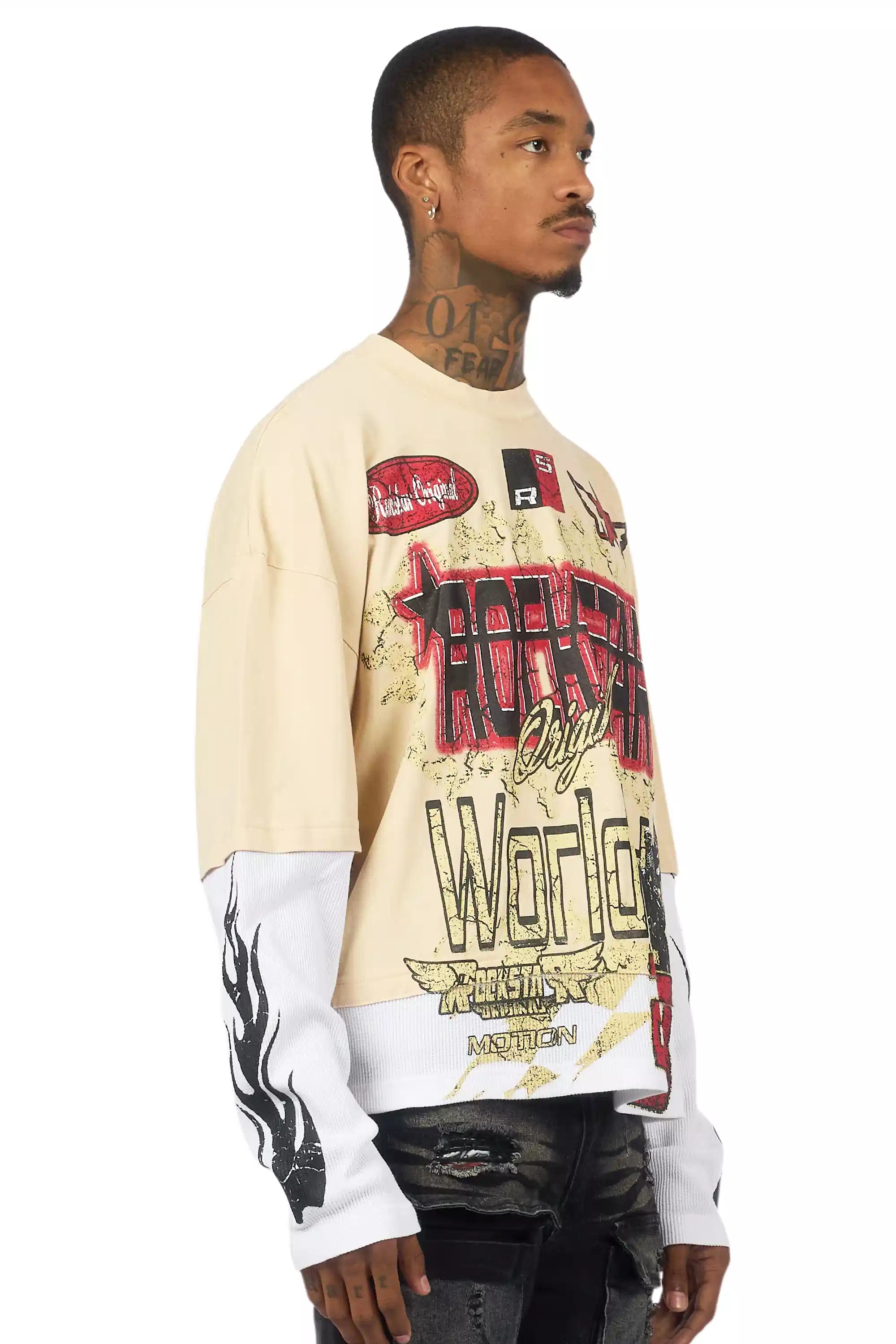 Deangelo Beige/Red Boxy Crop Double Layer Tee