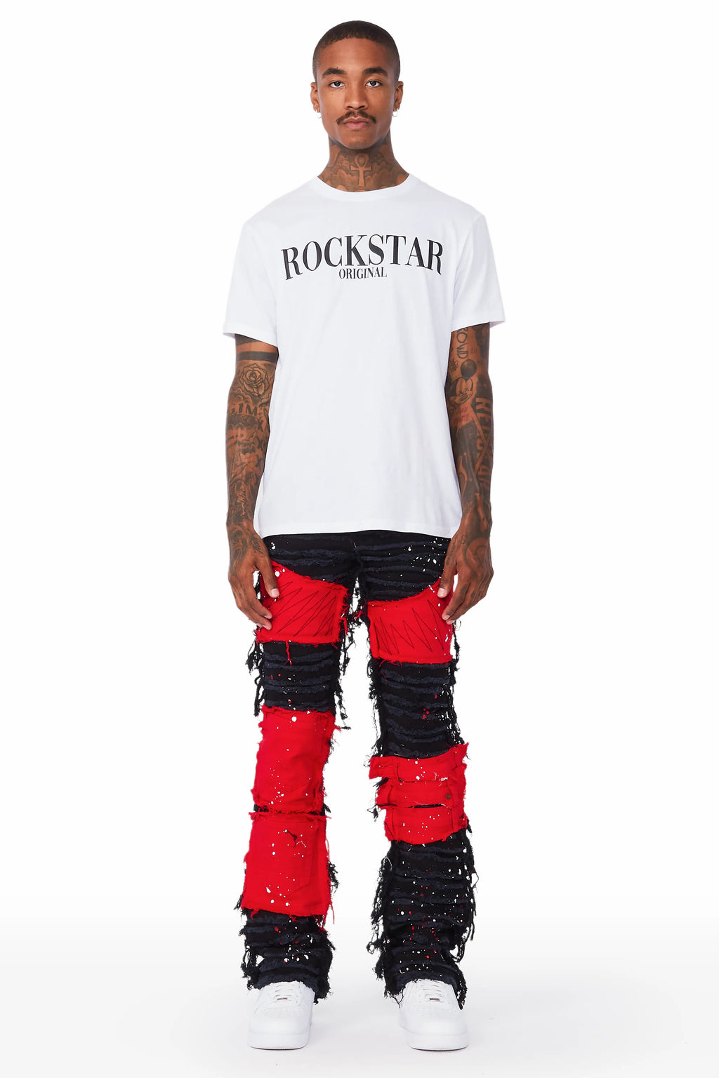 Vadim Black/Red Patchwork Stacked Flare Jean