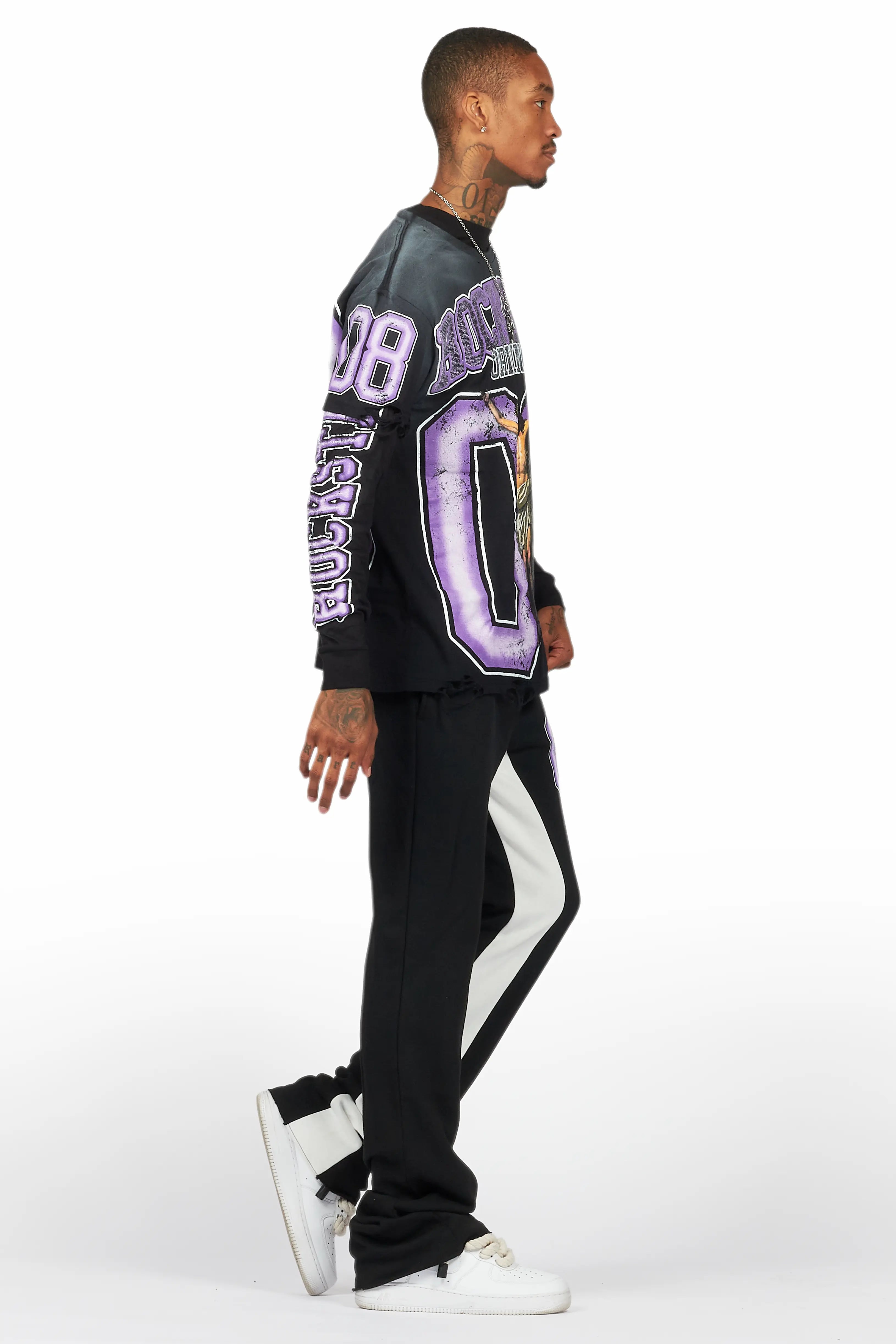 Fields Black/Purple Double Layer T-Shirt/Stacked Baggy Track Pant Set