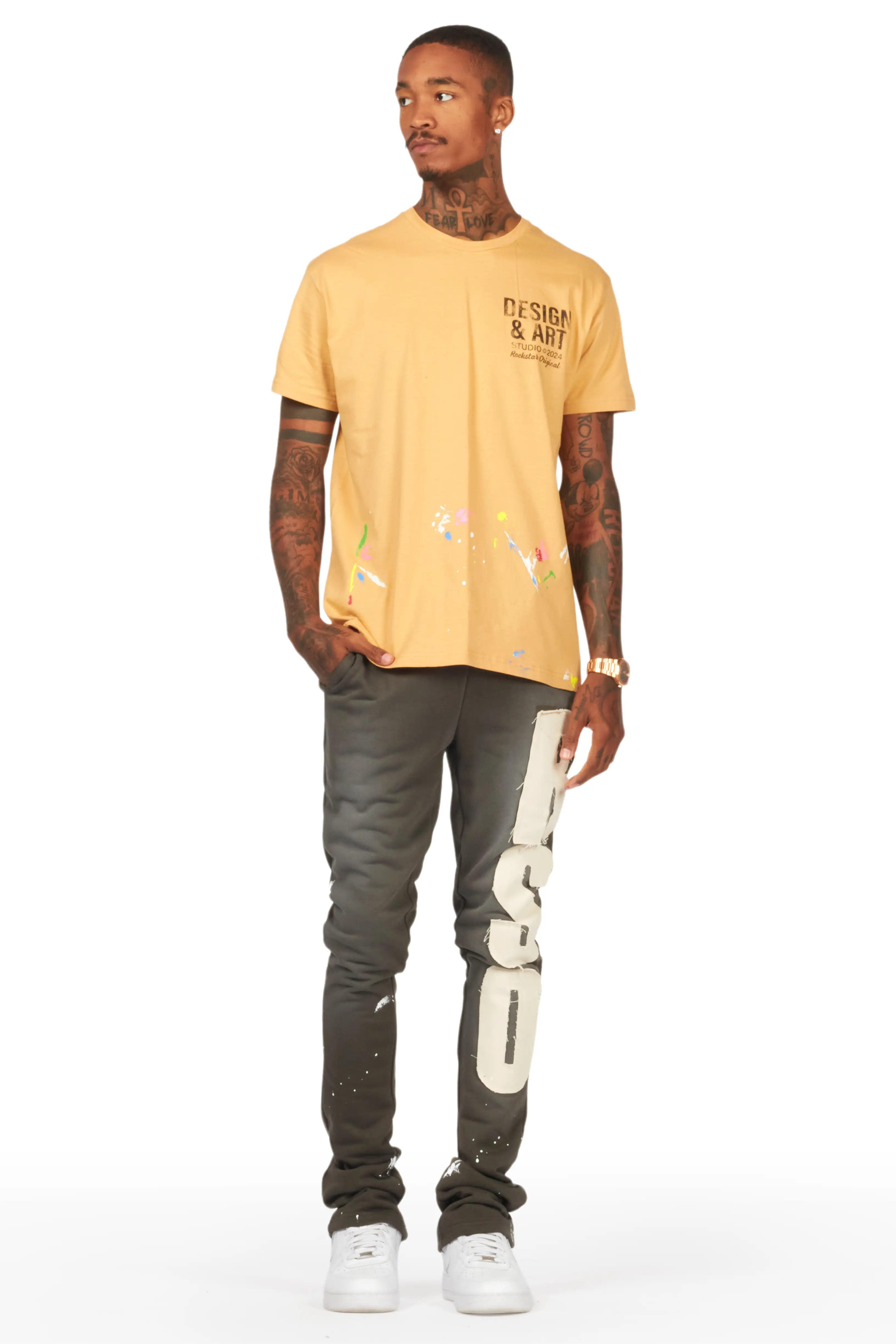 Acotas Olive Patchwork Stacked Flare Pants