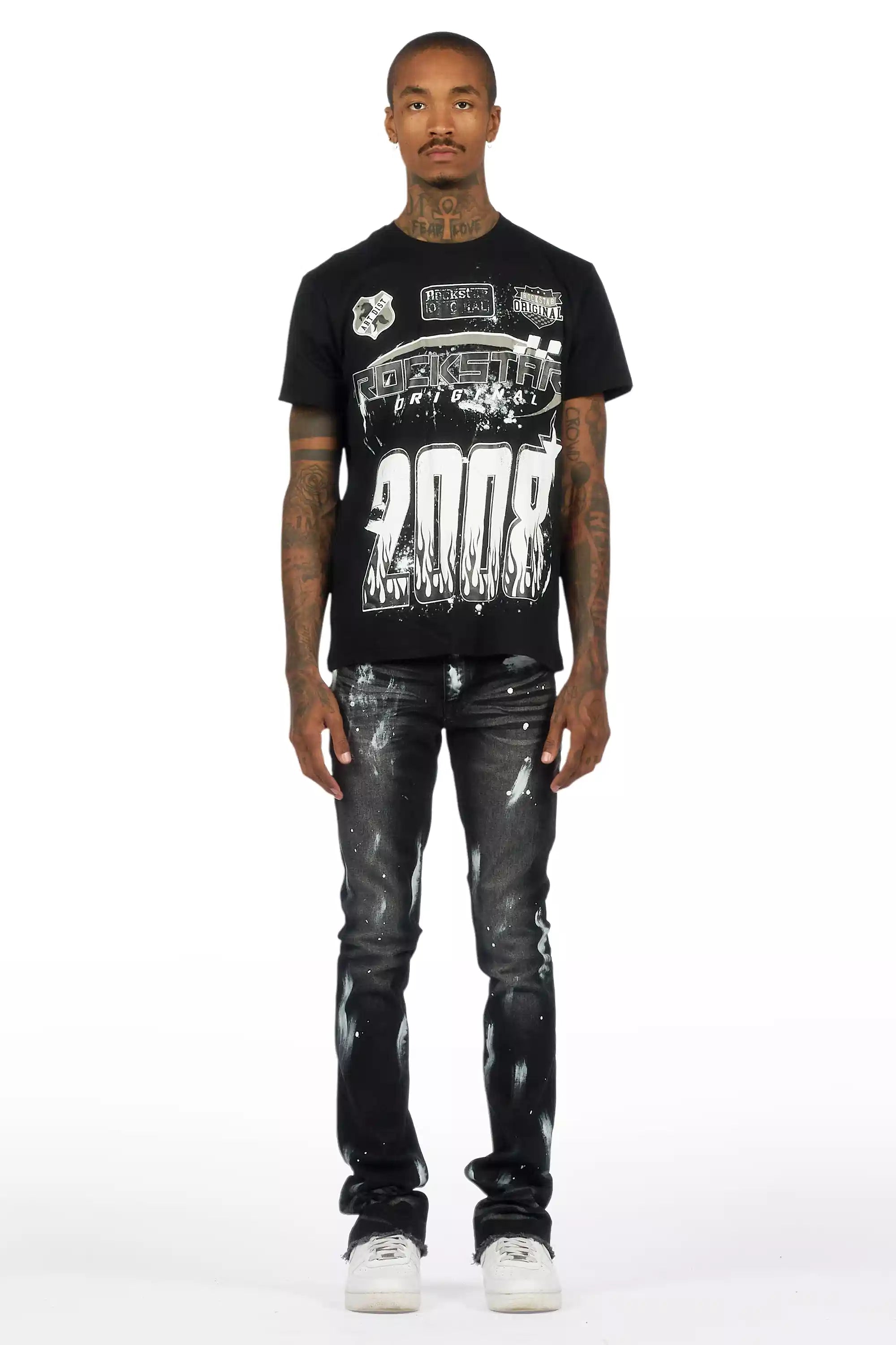 Amos Black T-Shirt/Painted Stacked Flare Jean