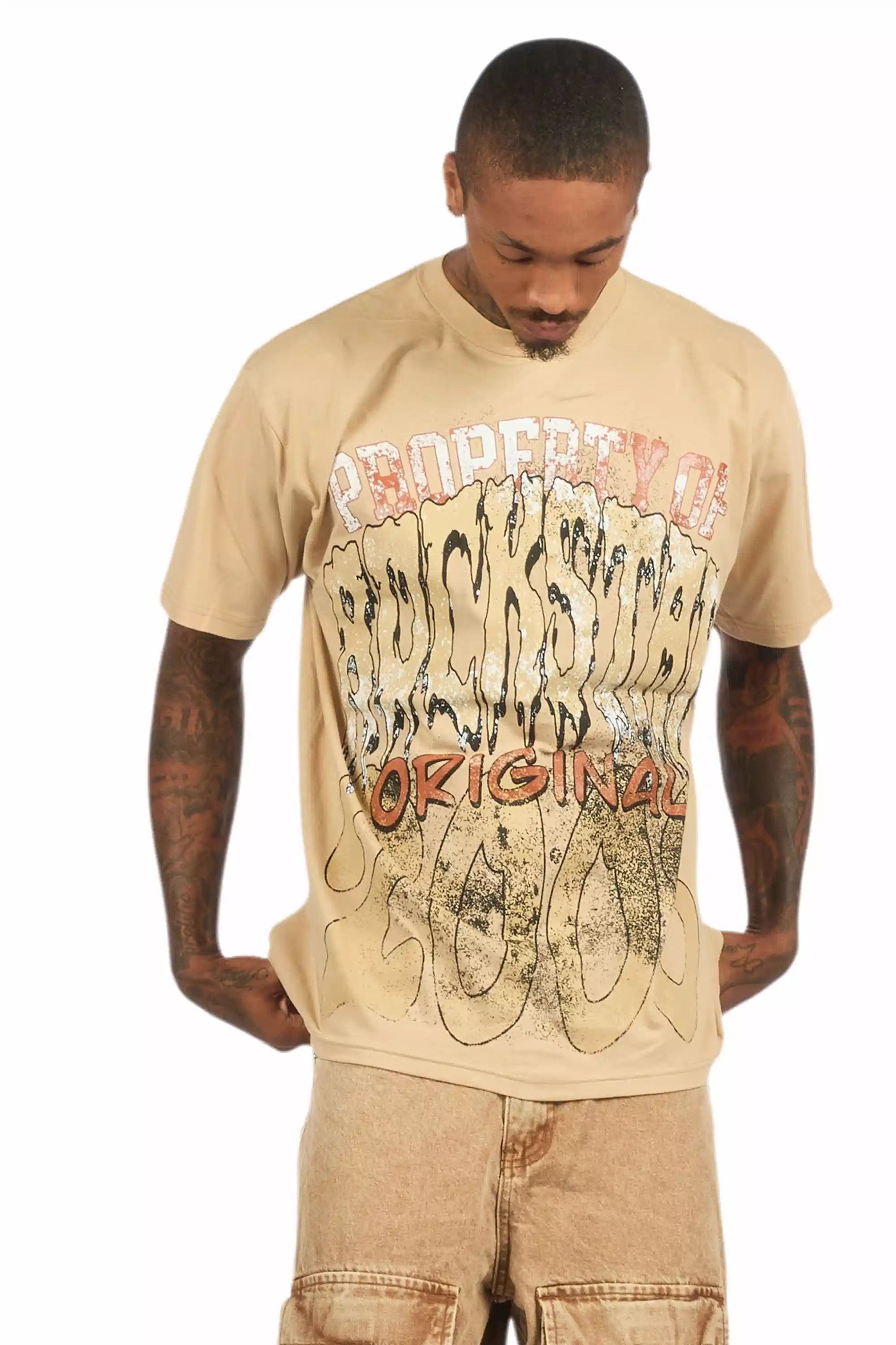 Raezion Beige/Brown Oversized Graphic T-Shirt