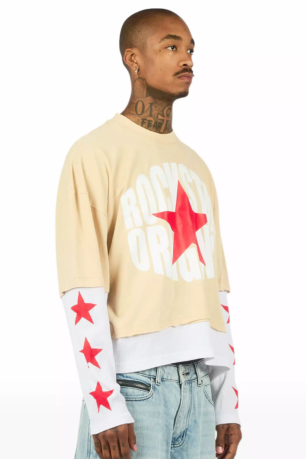 States Beige/White Boxy Crop Double Layer Tee