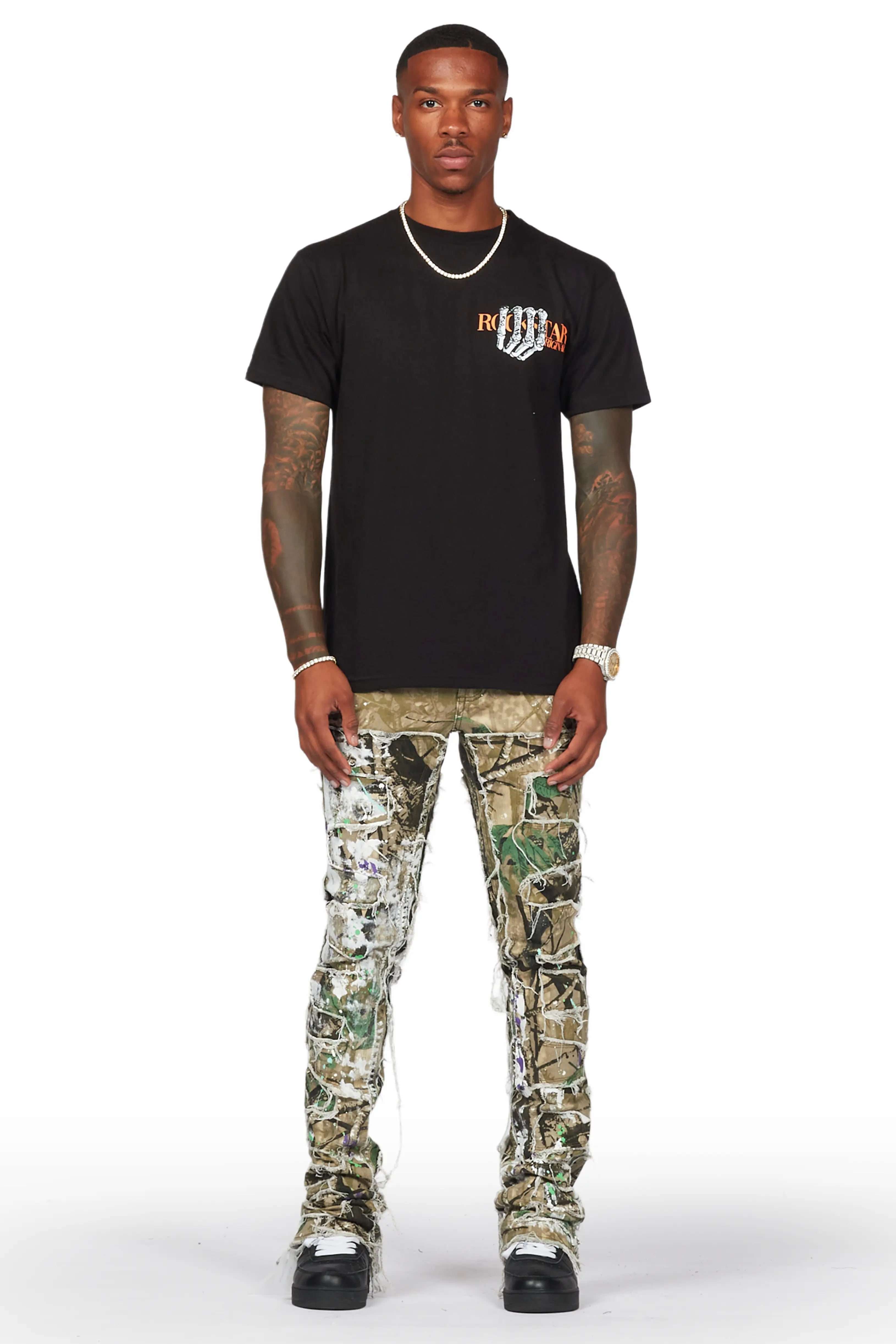 Ulysee Tree Camo Painter Stacked Flare Jean