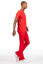 Sana Red T-Shirt/Dag Stacked Flare Jean Set