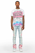 Kodak Blue/Pink Painter Stacked Flare Fringe Jean