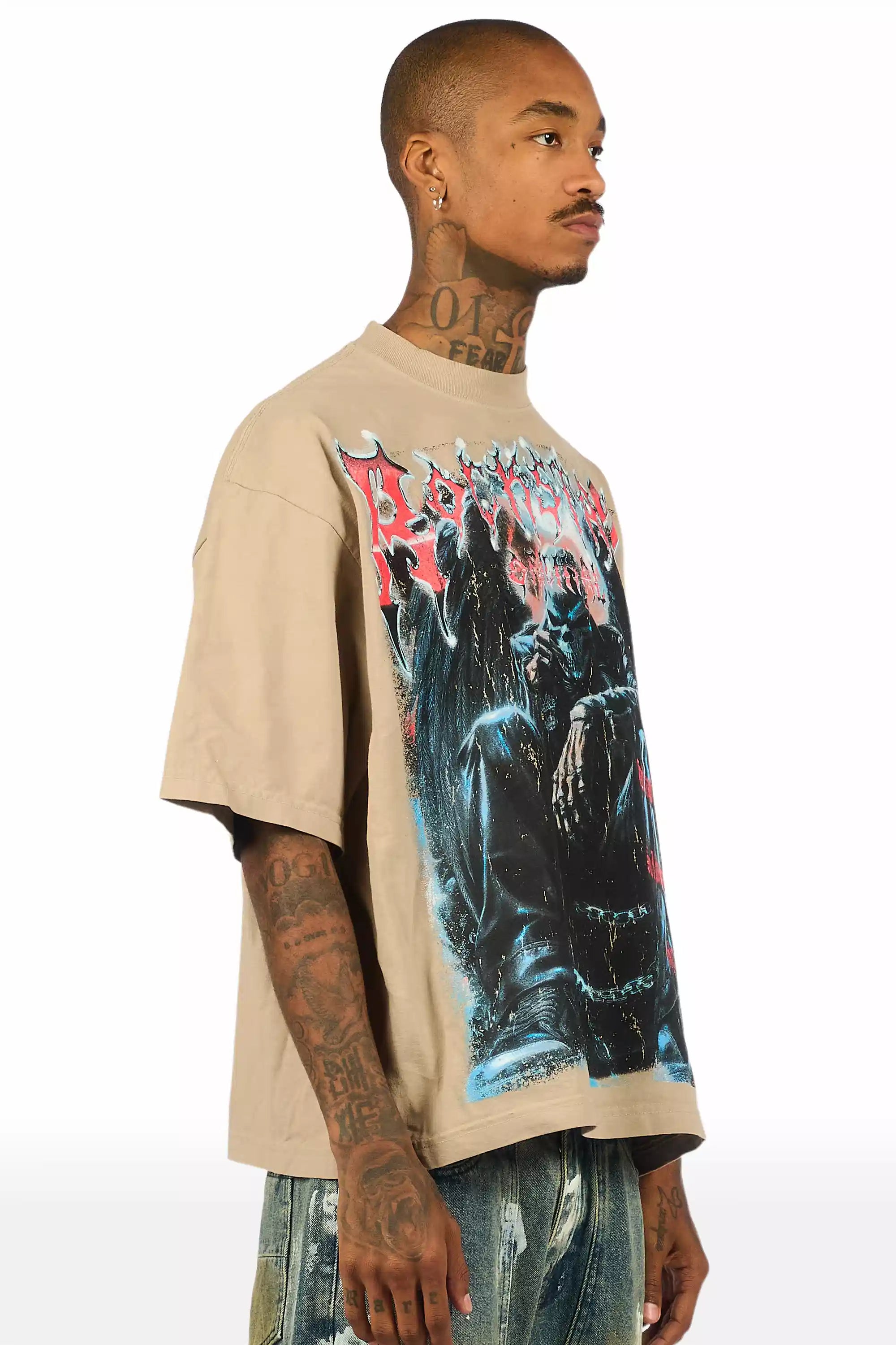 Krowne Beige/Black Oversized Graphic T-Shirt