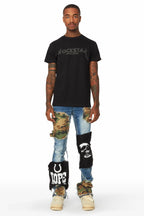 Hugo Blue/Camo Stacked Patchwork Flare Jean