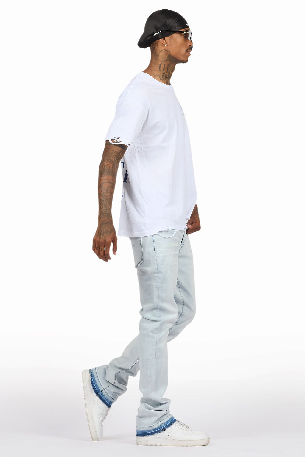 Drako White/Blue Oversized Graphic T-Shirt/Dag Stacked Flare Jean Set