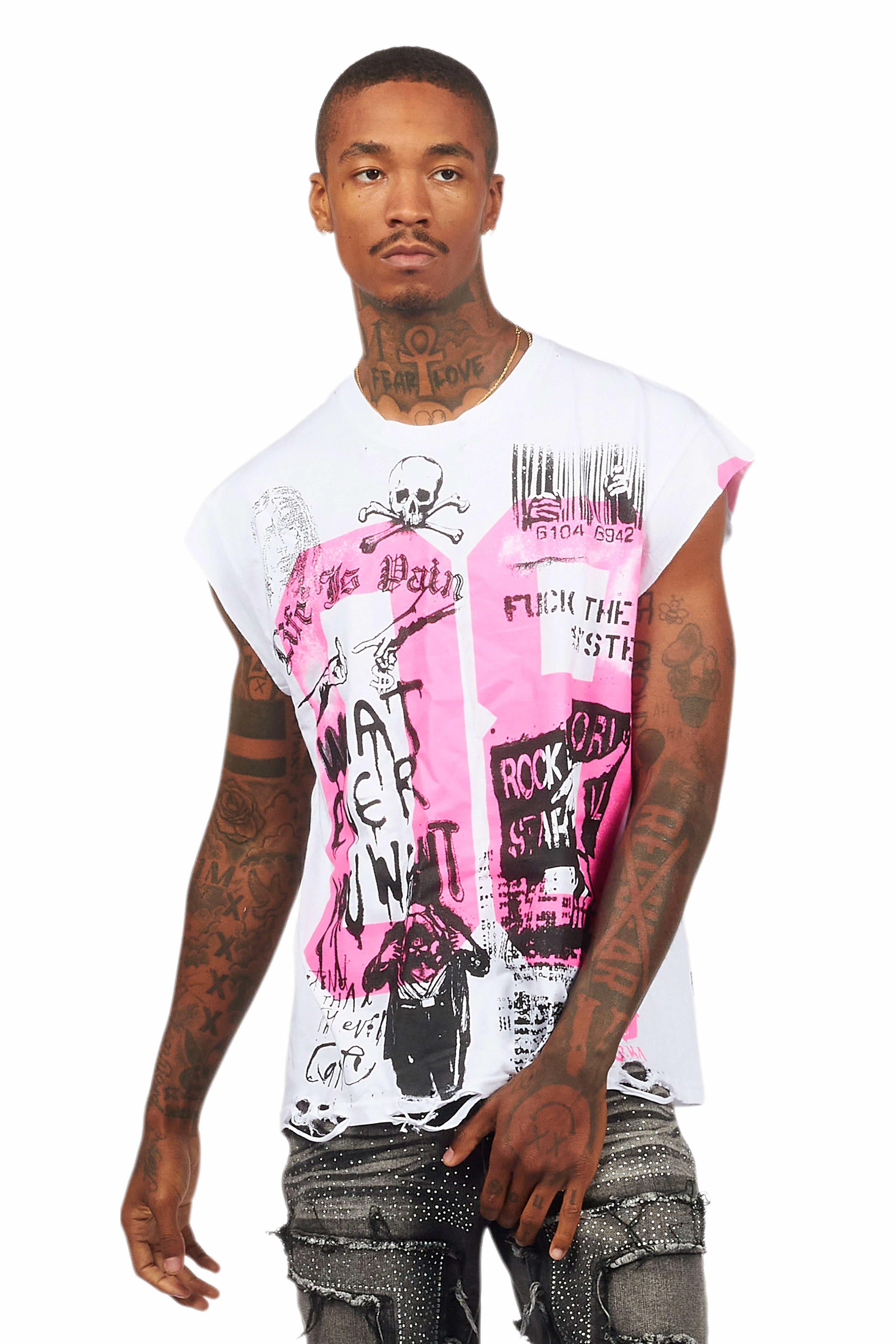 Grill White/Pink Graphic Muscle T-Shirt