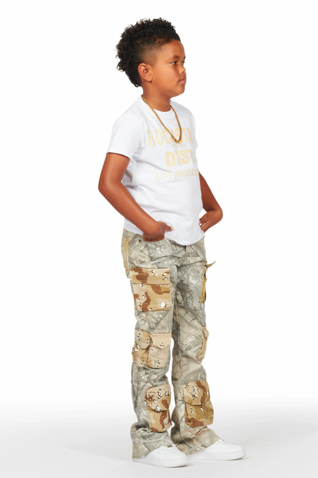 Boys Koen Beige Tree Camo T-Shirt/Stacked Flare Jean Set