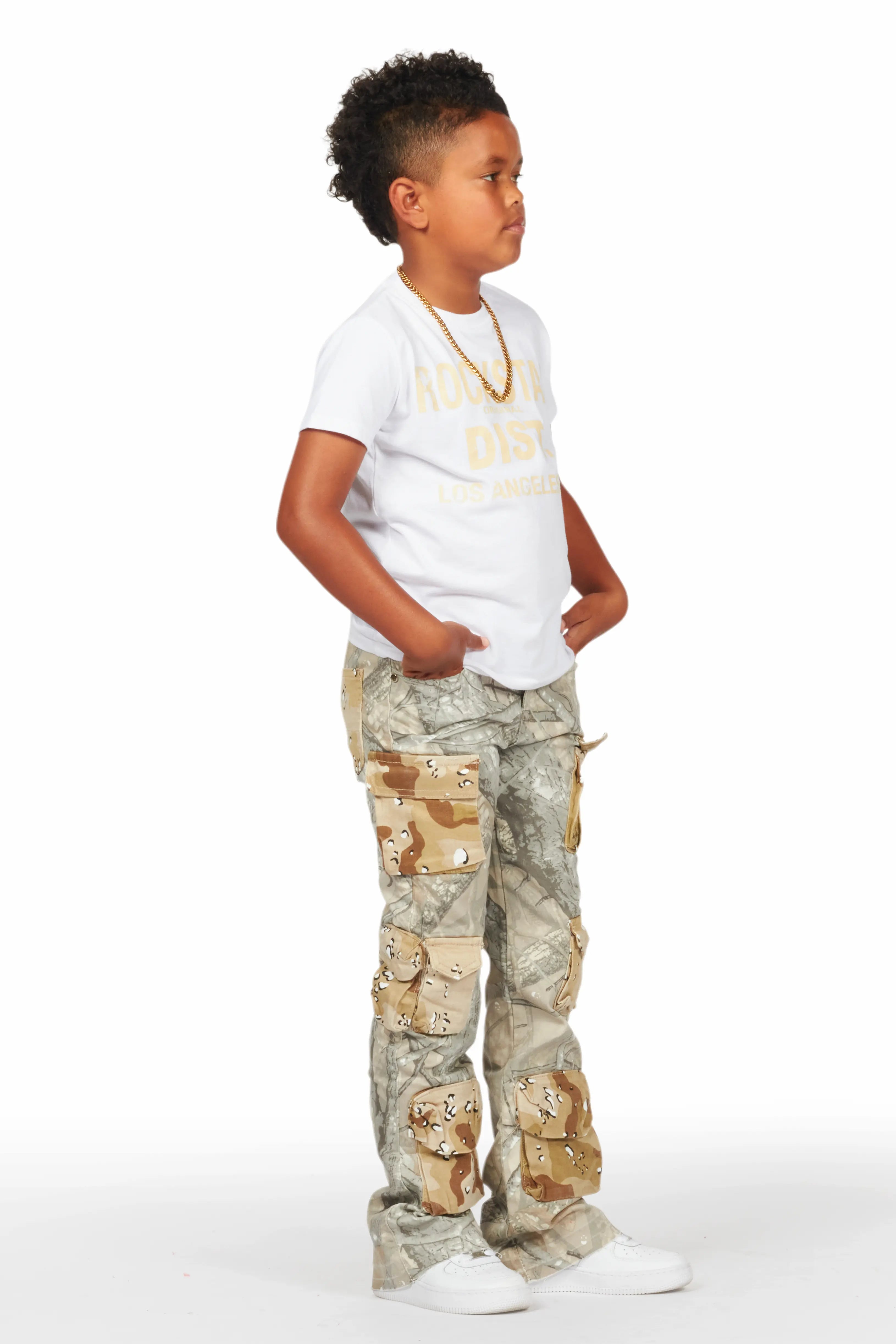 Boys Koen Beige Tree Camo T-Shirt/Stacked Flare Jean Set