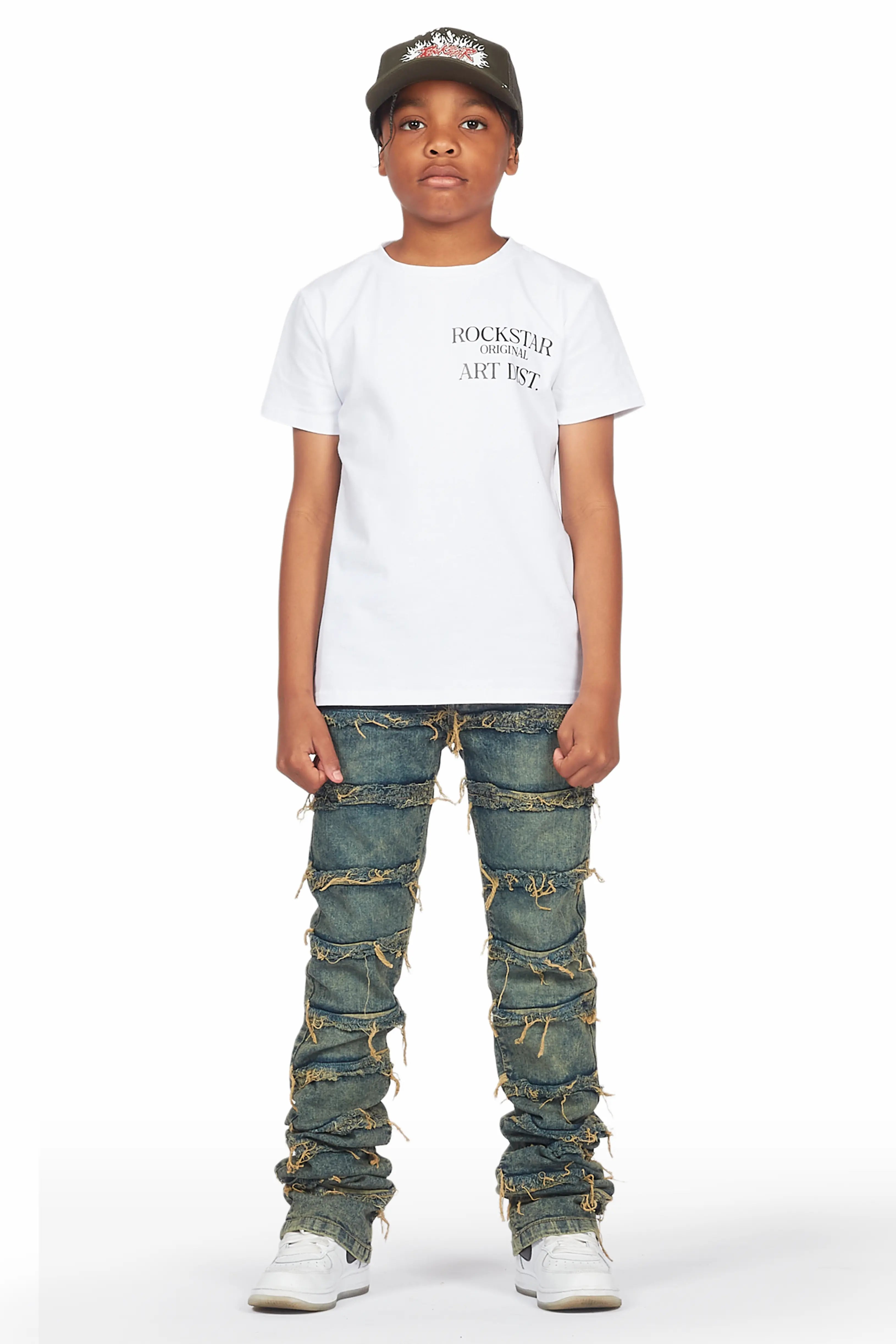 Boys Niaz White T-Shirt/Skinny Stacked Flare Jean Set