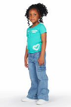 Girls Merald Green T-Shirt Wide Leg Cargo Jean Set