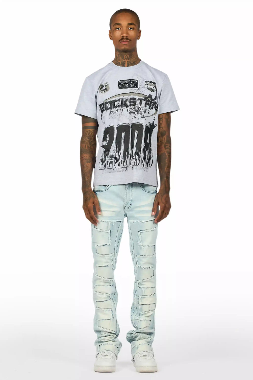 Amos Heather Grey Graphic T-Shirt/Stacked Flare Jean Bundle