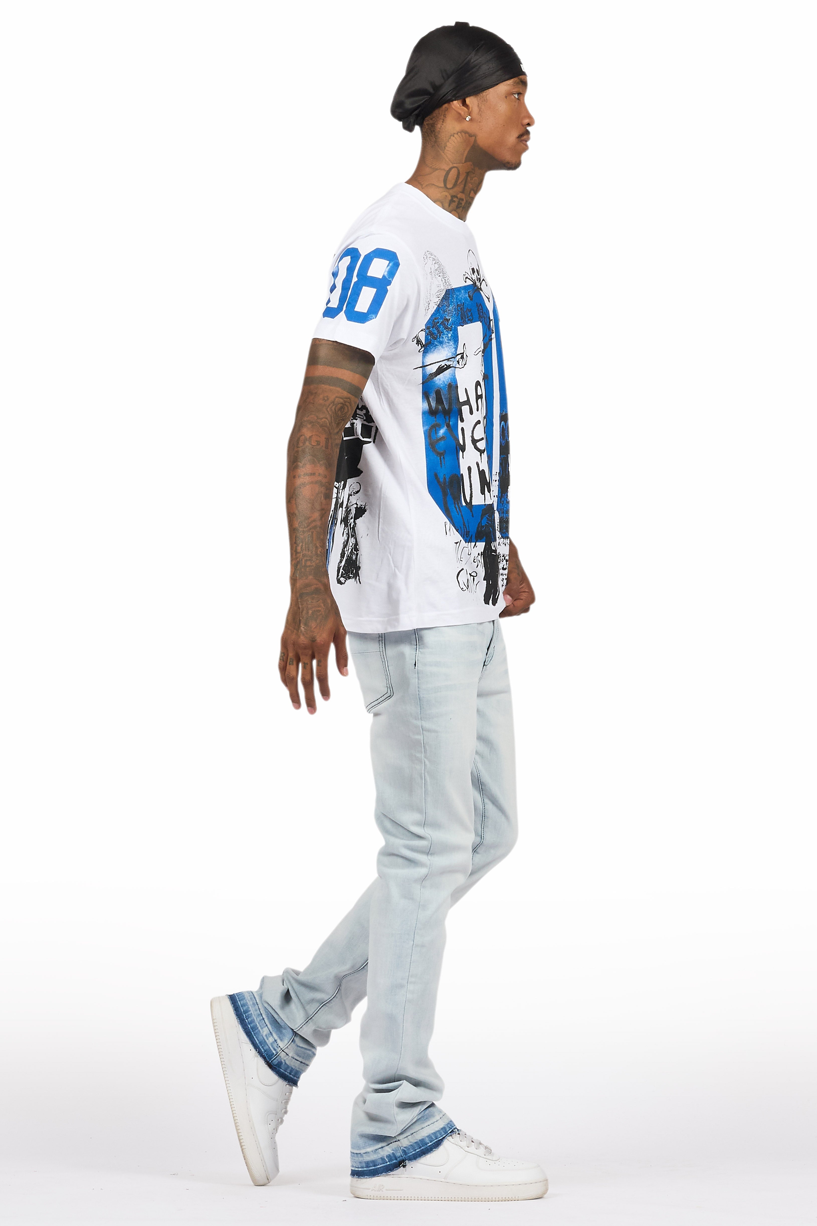 Grill White/Blue Oversized Graphic T-Shirt/Dag Stacked Flare Jean Set