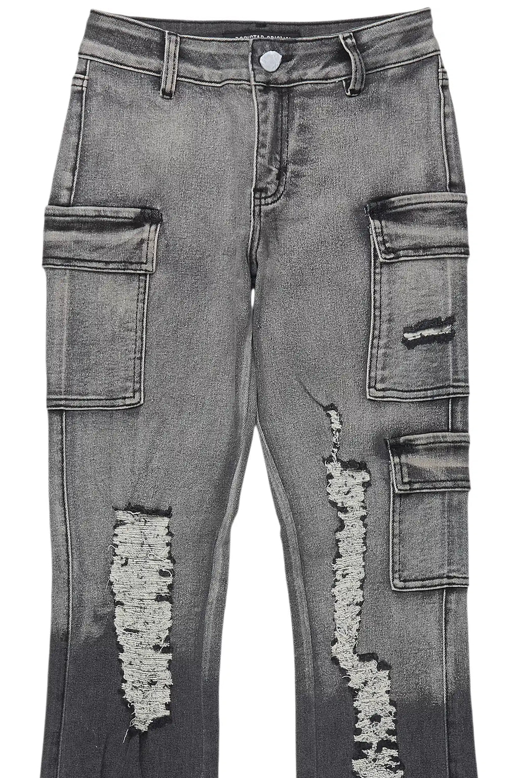 Girls Vixen Grey Wash Distressed Stacked Jean