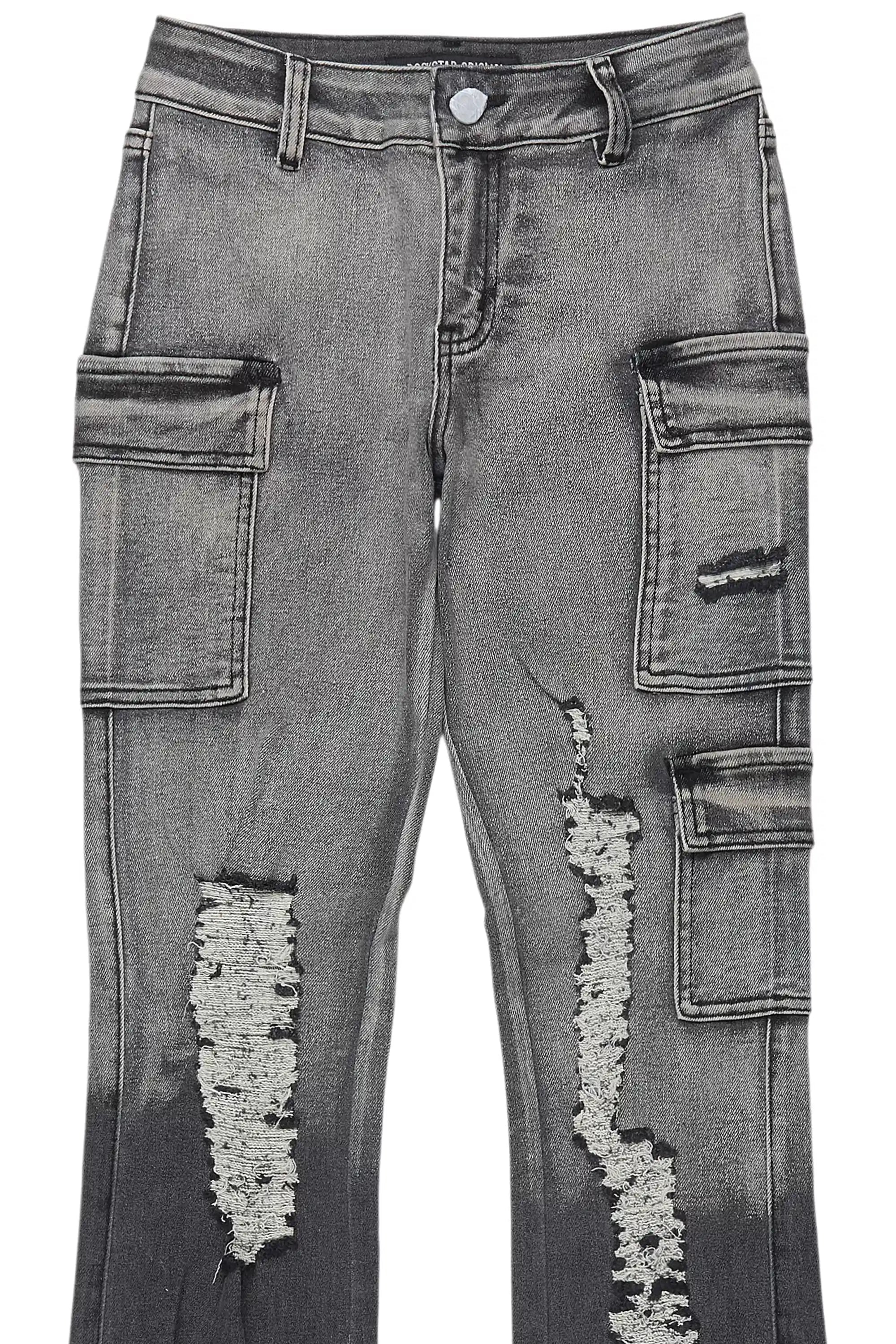 Girls Vixen Grey Wash Distressed Stacked Jean