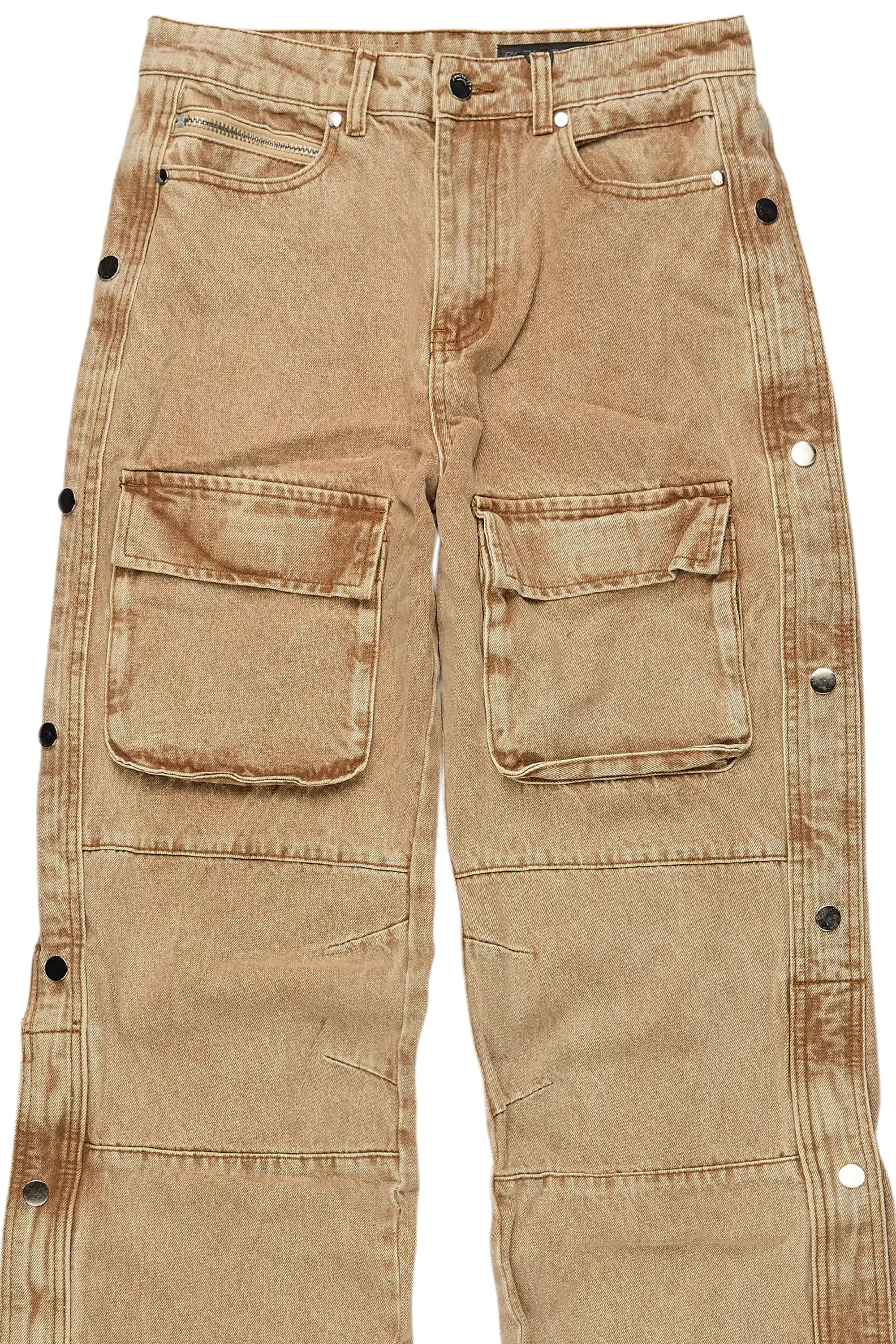 Yuri Beige Stacked Cargo Flare Jean