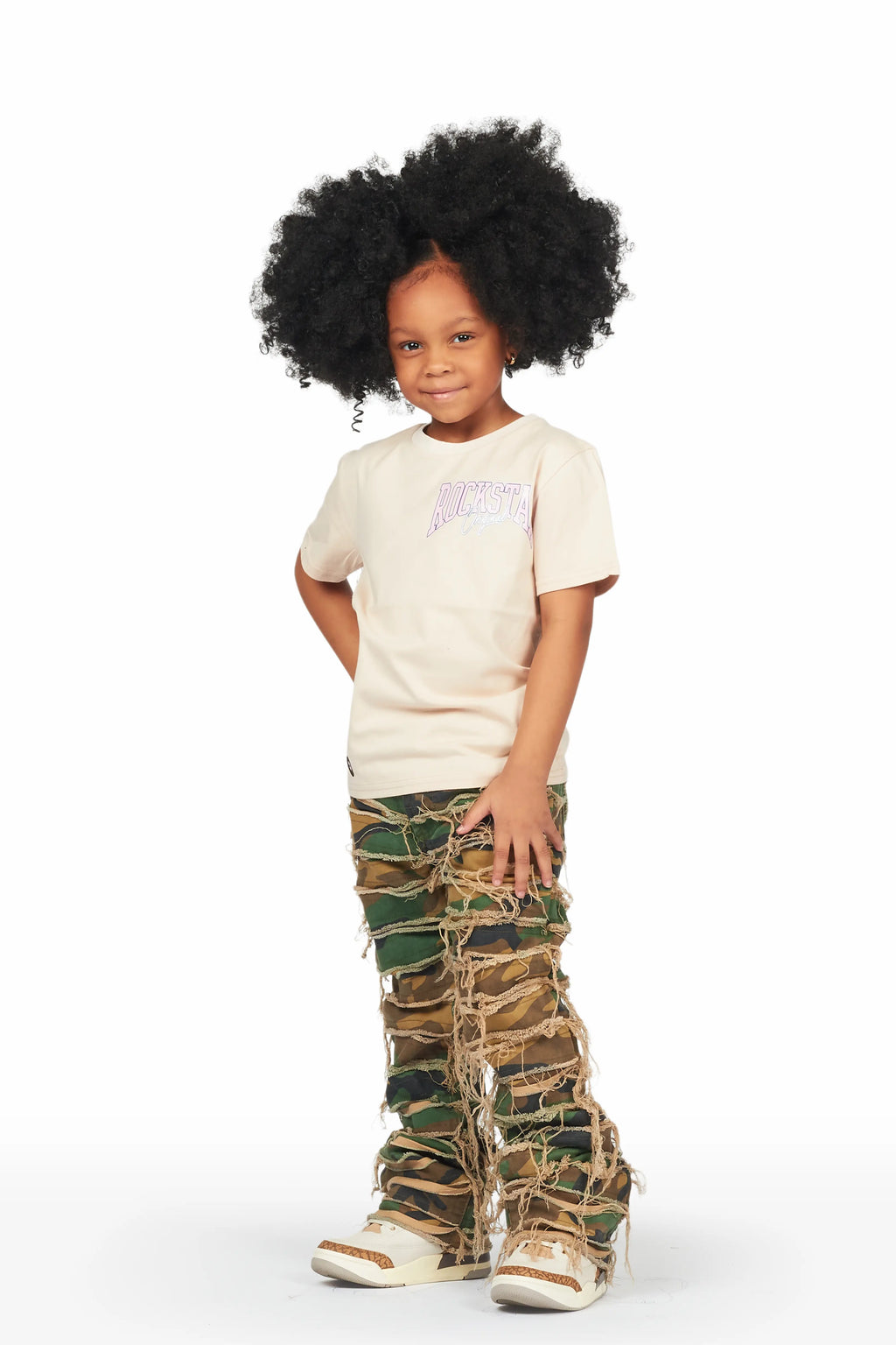 Girls Emma Beige/Camo T-Shirt/Stacked Flare Jean Set
