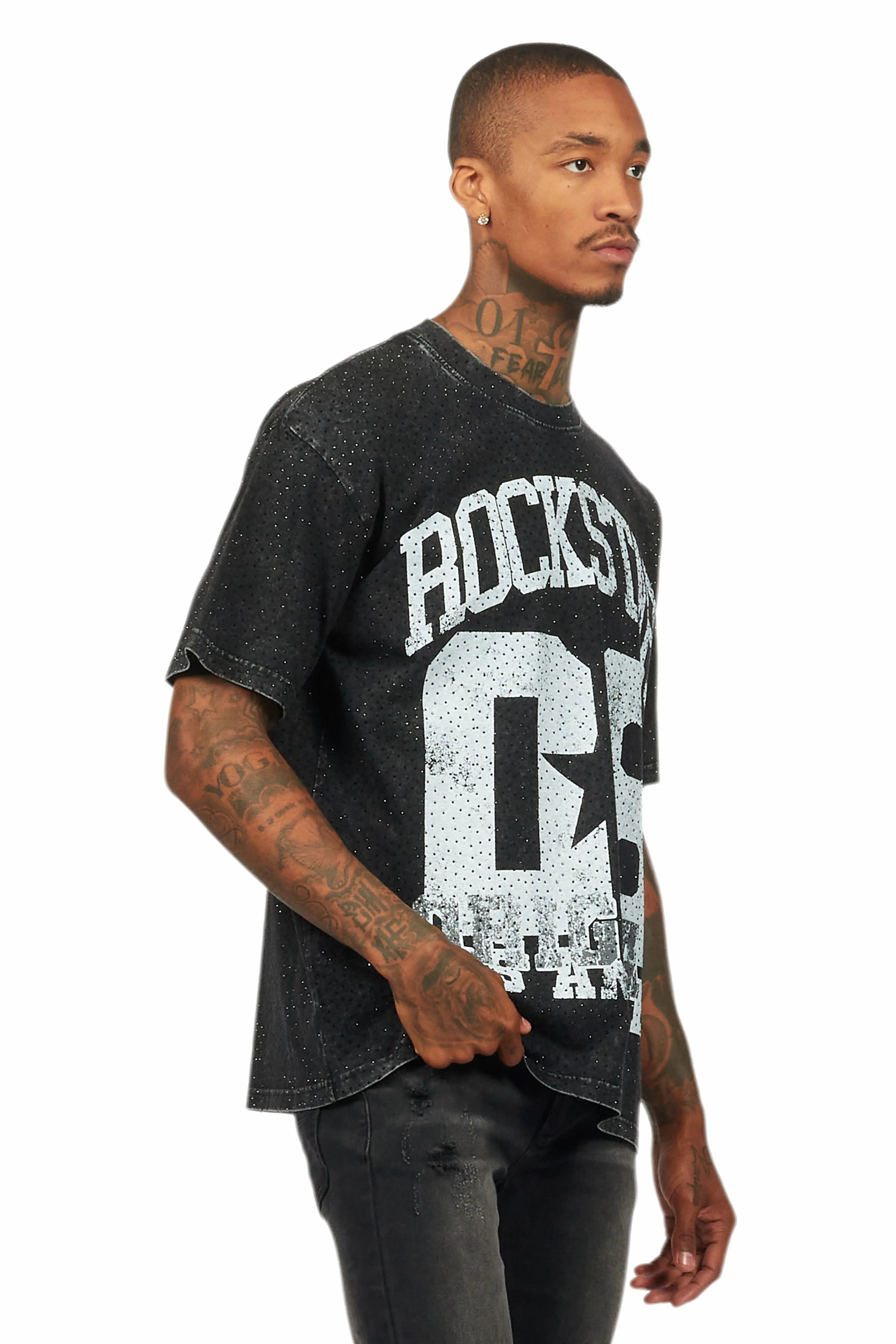 Flamur Black Graphic Rhinestone T-Shirt