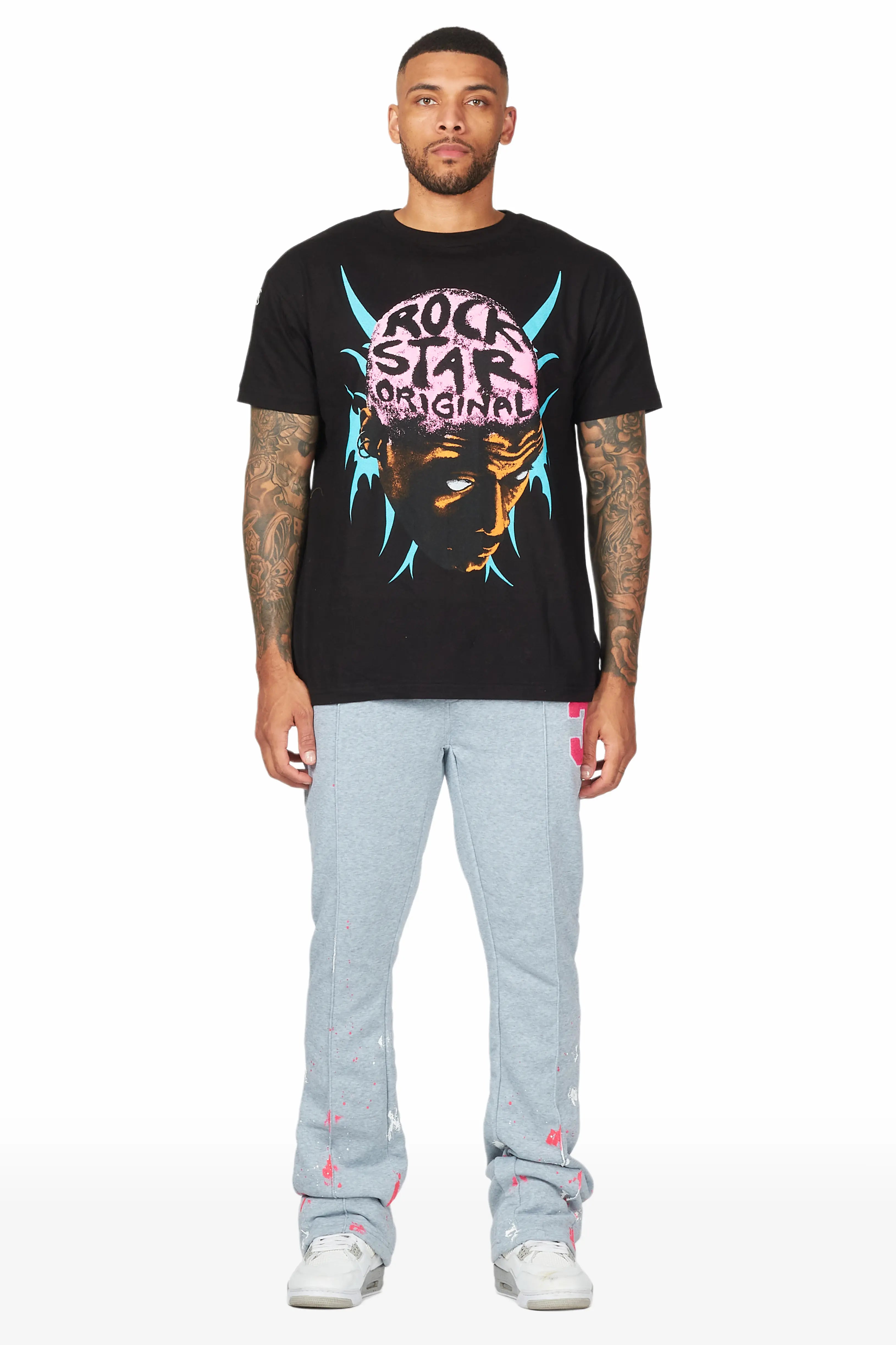 Luis Heather Grey Patchwork Stacked Flare Pants