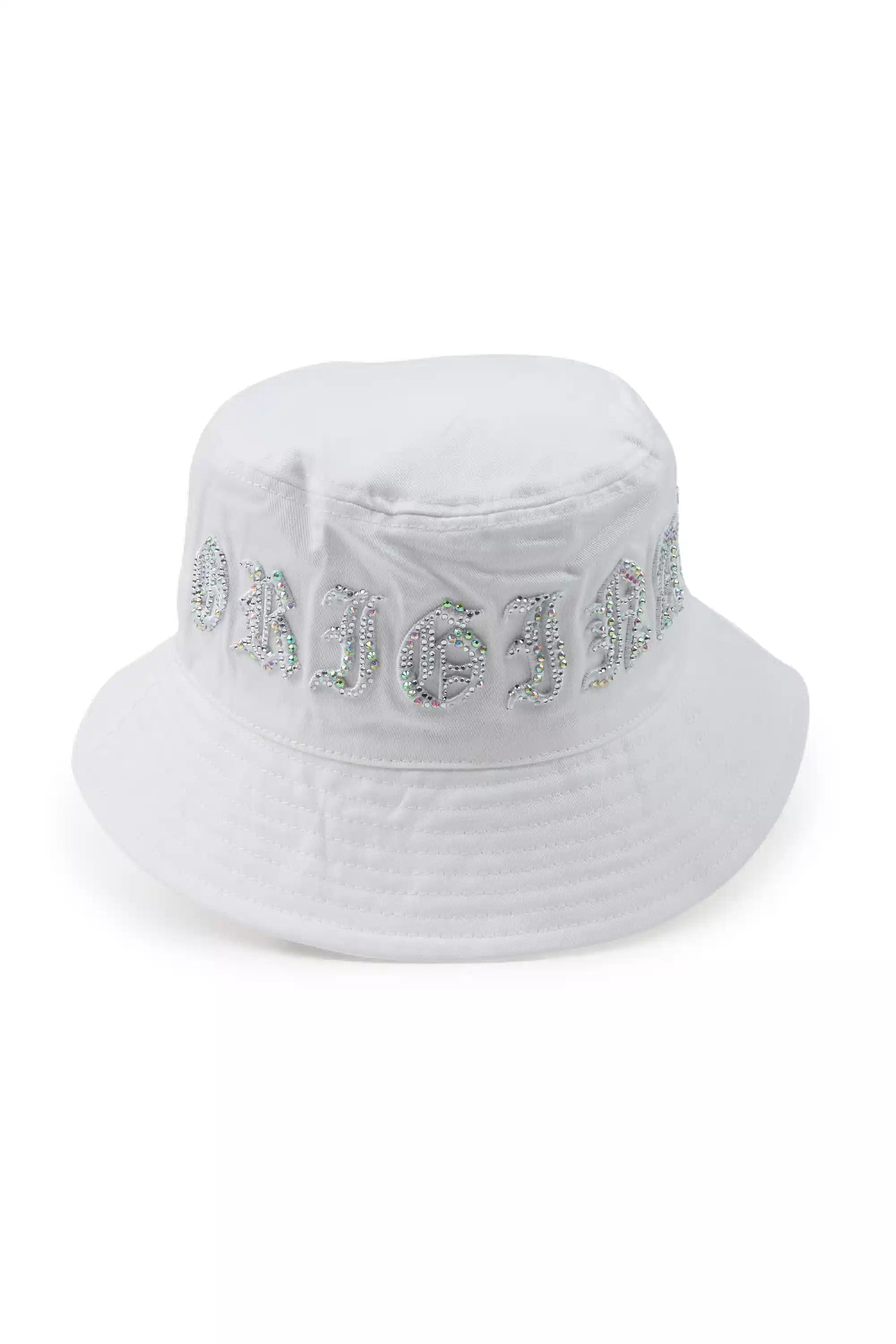 Charis White Rhinestone Graphic Bucket Hat