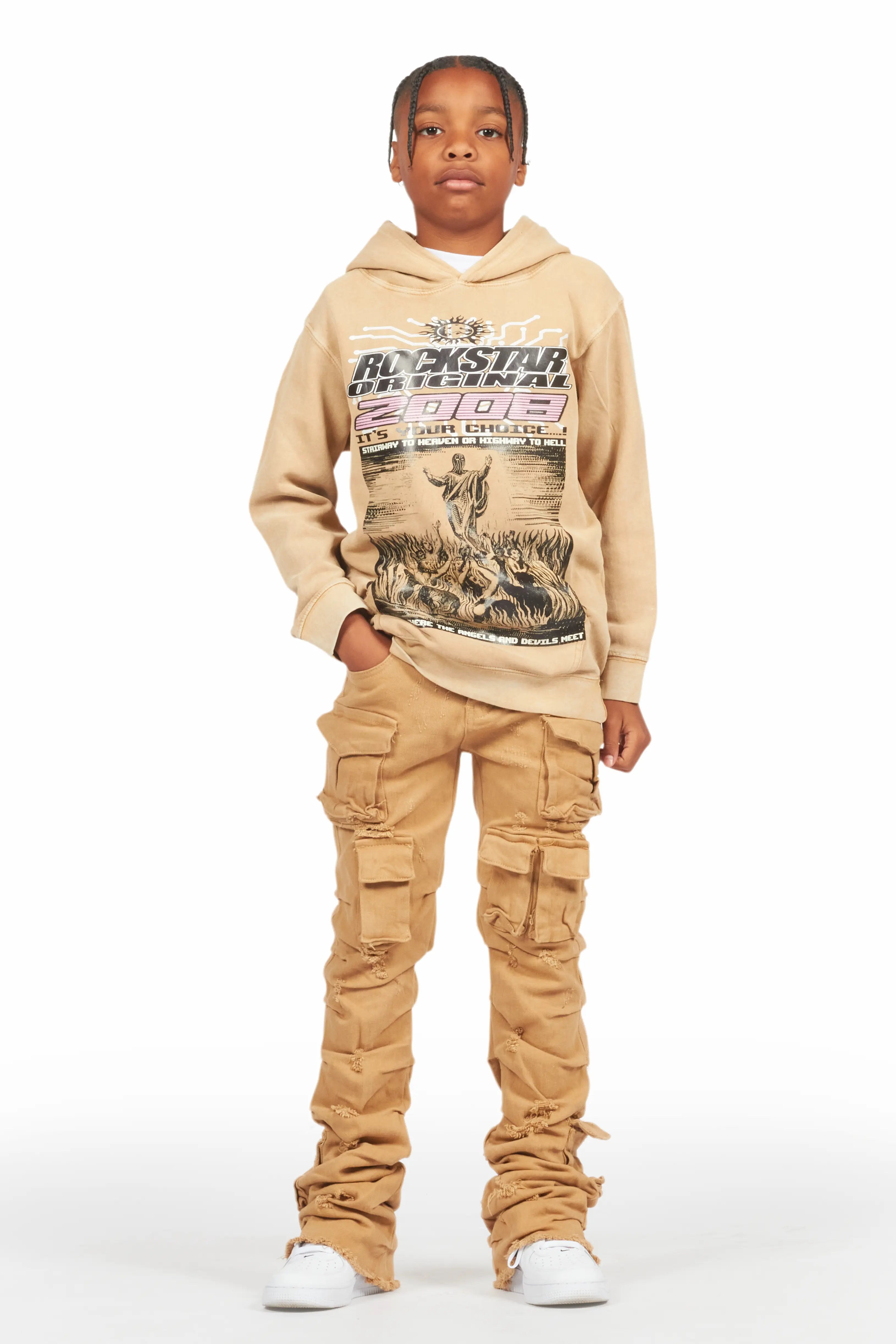 Boys Luxton Vintage Beige Hoodie/Stack Flare Jean Set