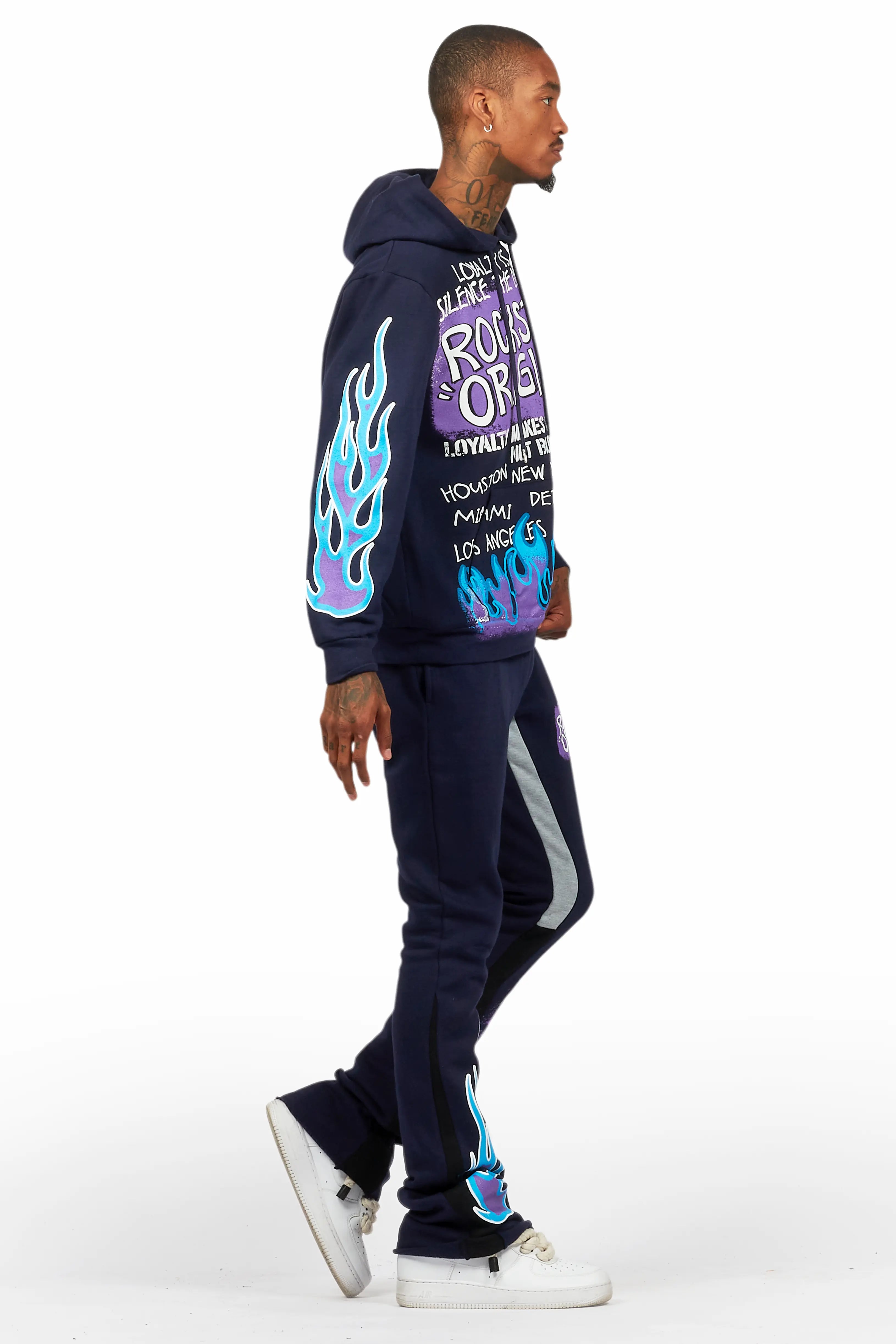 Beno Navy Stacked Flare Hoodie Track Set