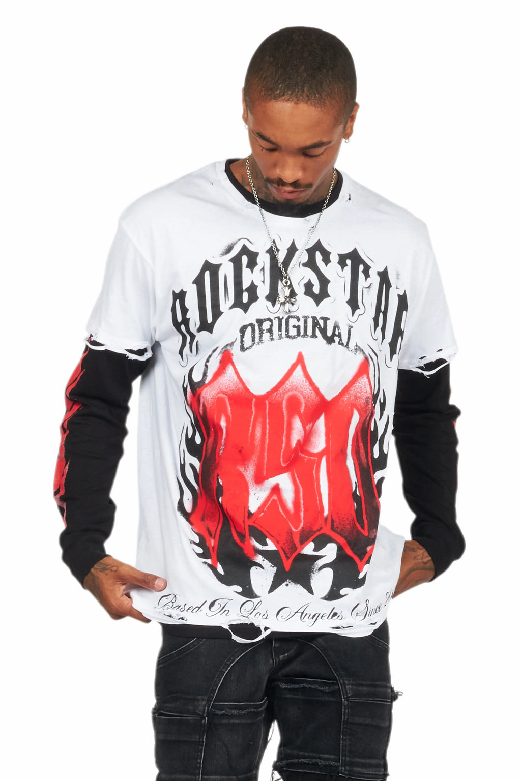 Boaz White/Black Double Layer Long Sleeve Graphic T-Shirt