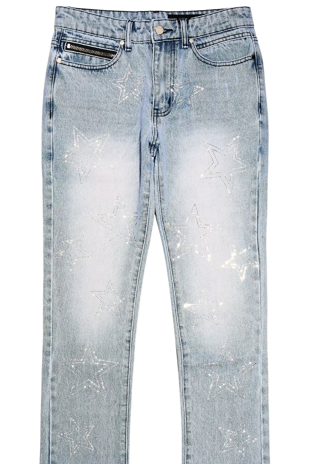 Kama Light Blue Rhinestone Stacked Flare Jean