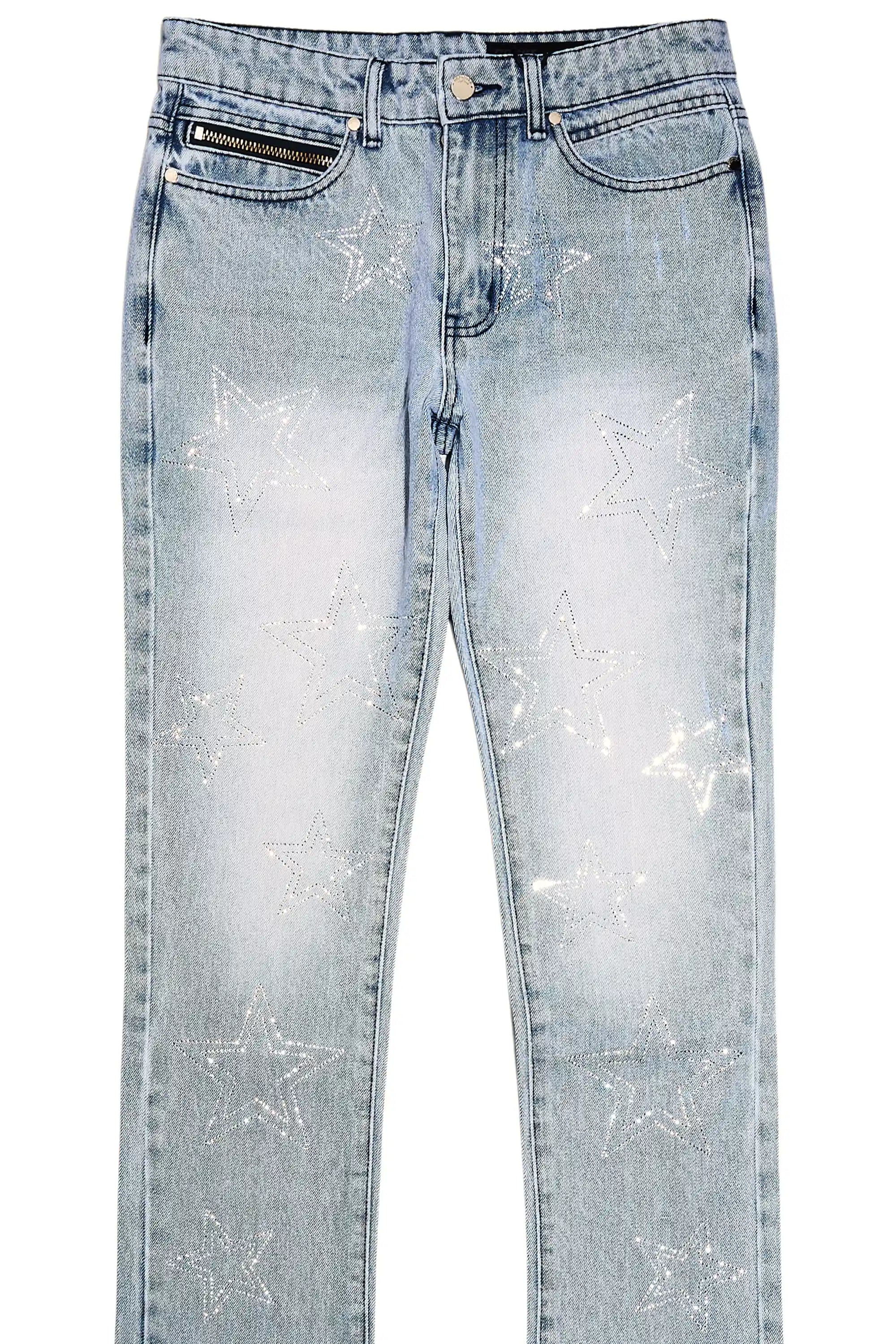 Kama Light Blue Rhinestone Stacked Flare Jean