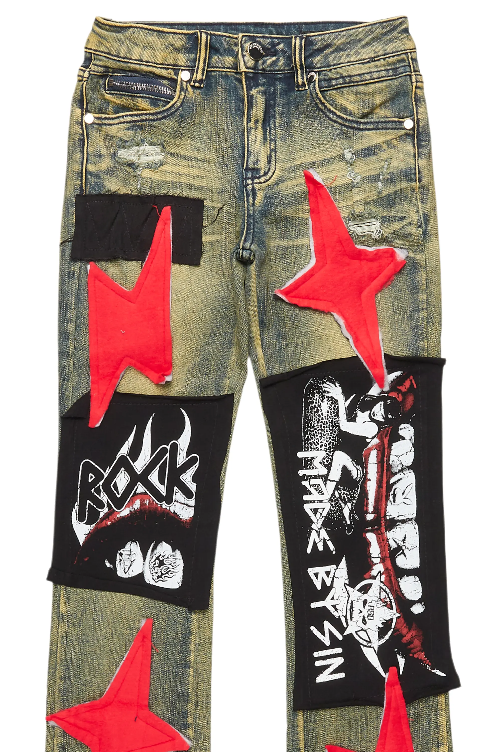 Boys Vadim Blue Patchwork Stacked Flare Jean