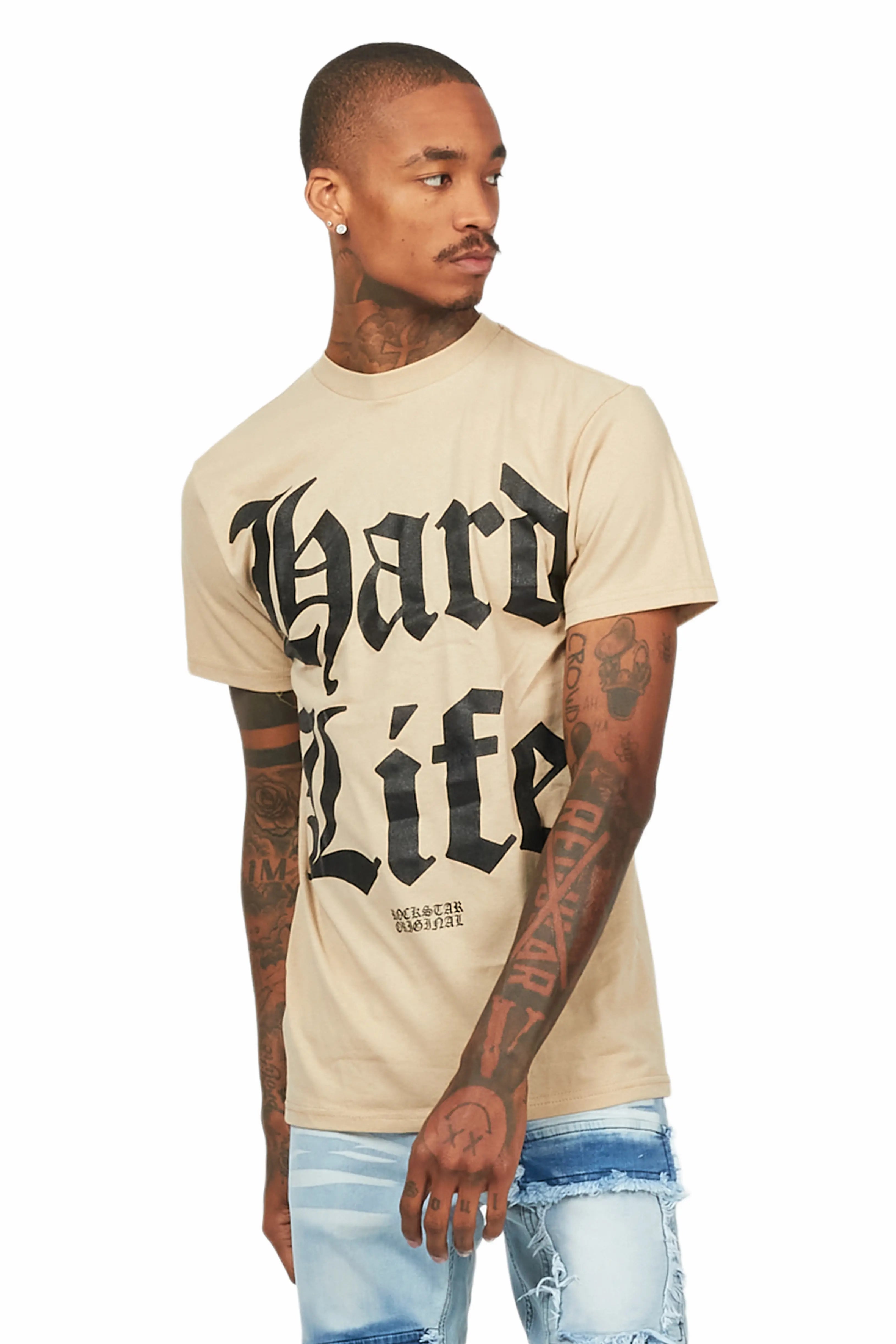 Hard Life Beige Graphic T-Shirt