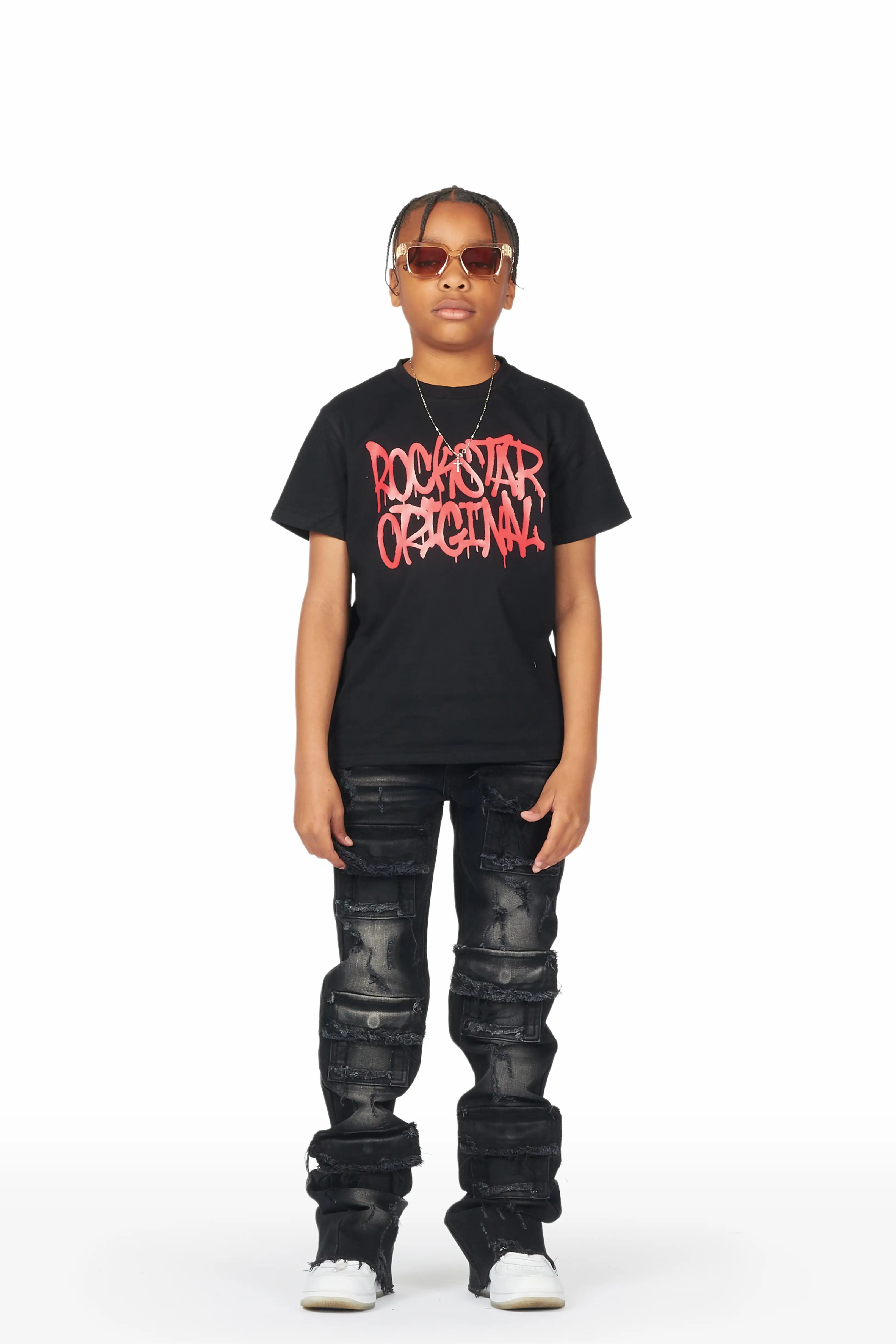 Boys Pooja Black Super Stacked Flare Jean
