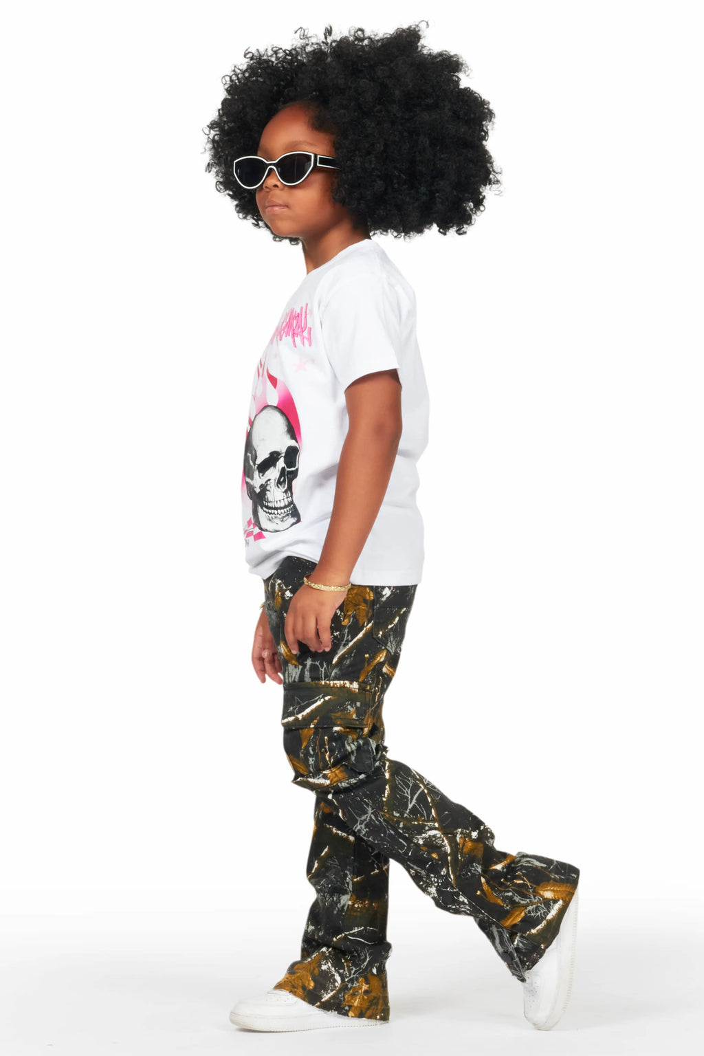 Girls Waapa Black Tree Camo Stacked Flare Cargo Jean
