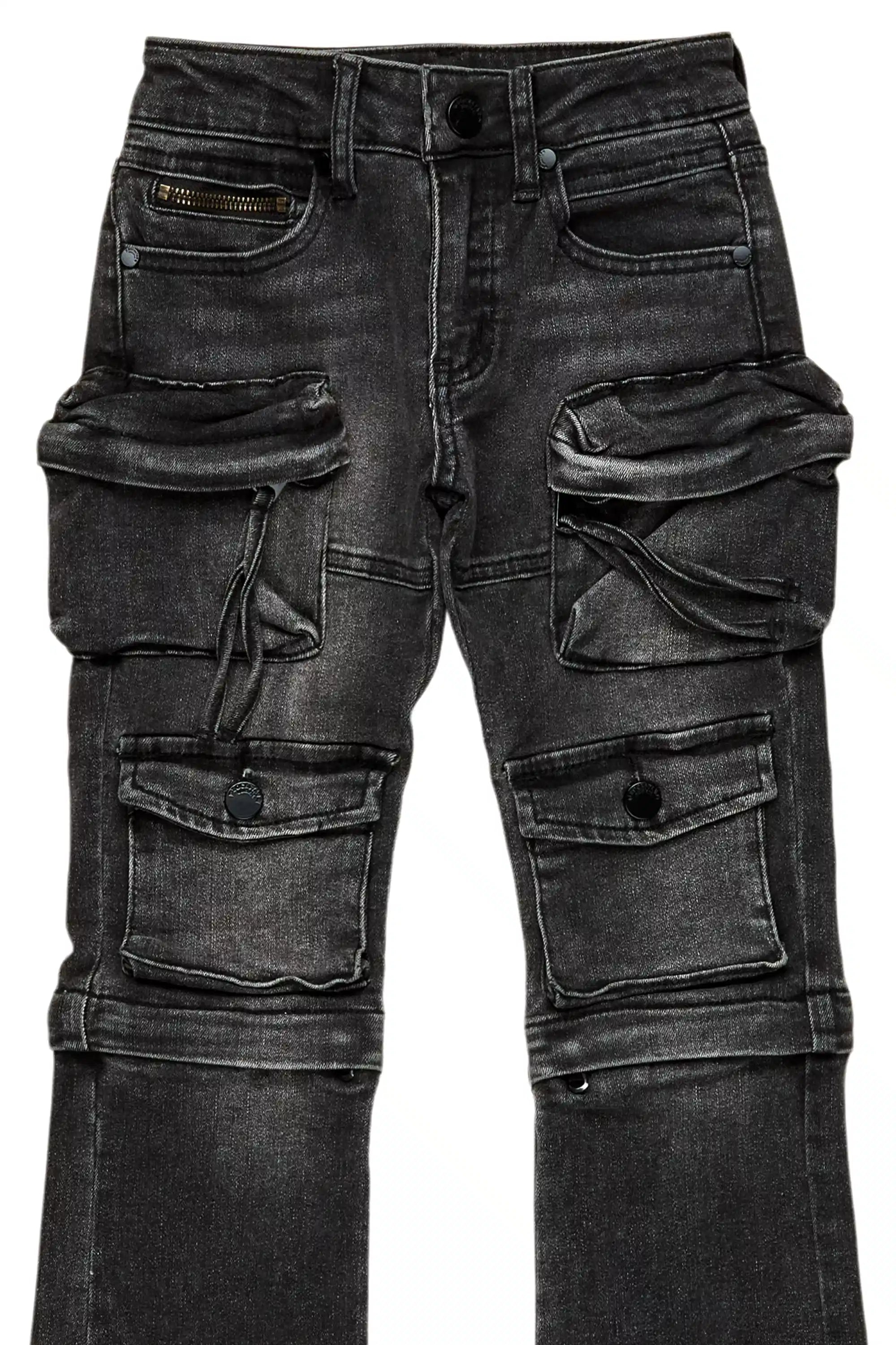 Boys Jan Black Stacked Flare Cargo Jean