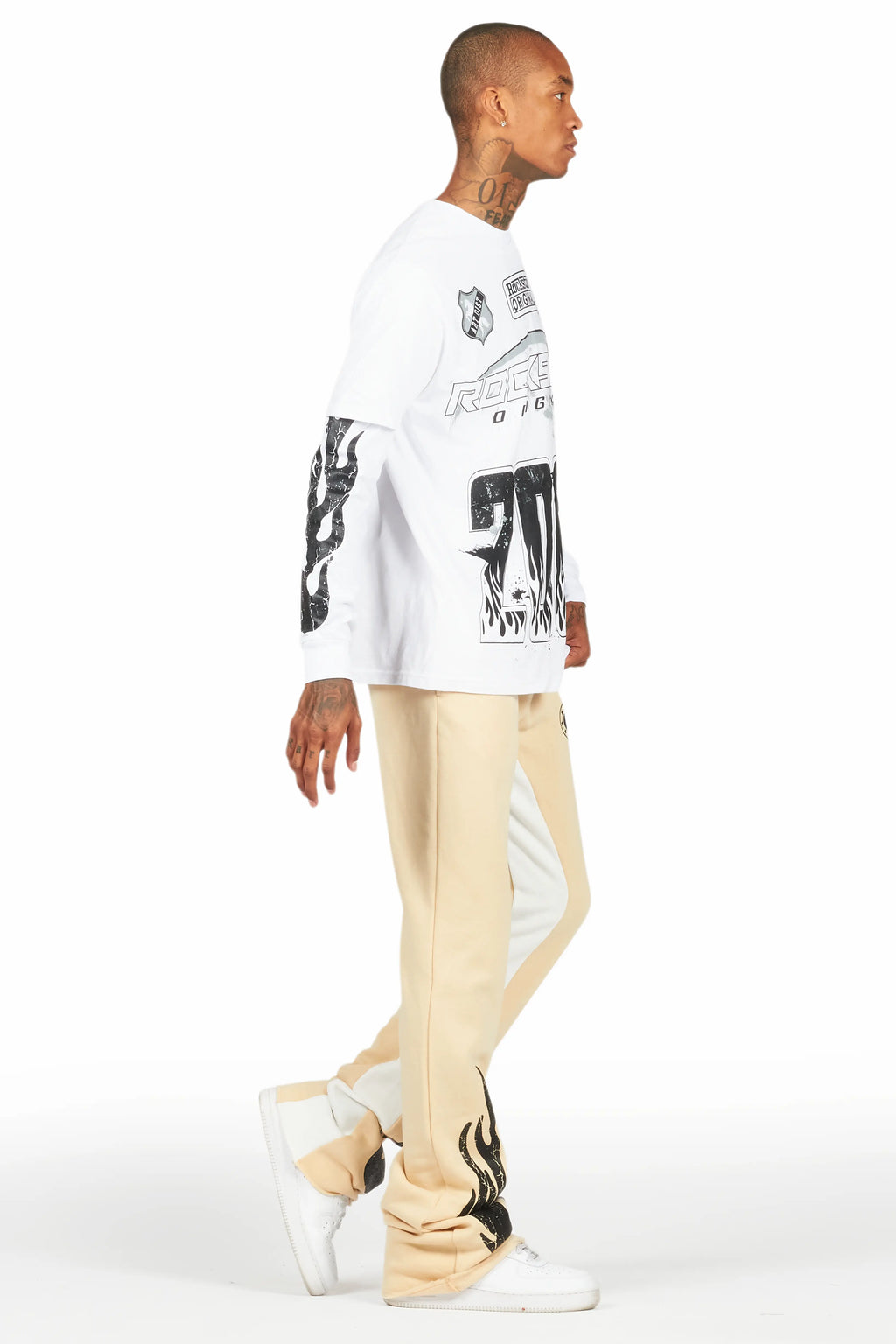 Amos White/Beige Double Layer T-Shirt/Stacked Baggy Pant Set