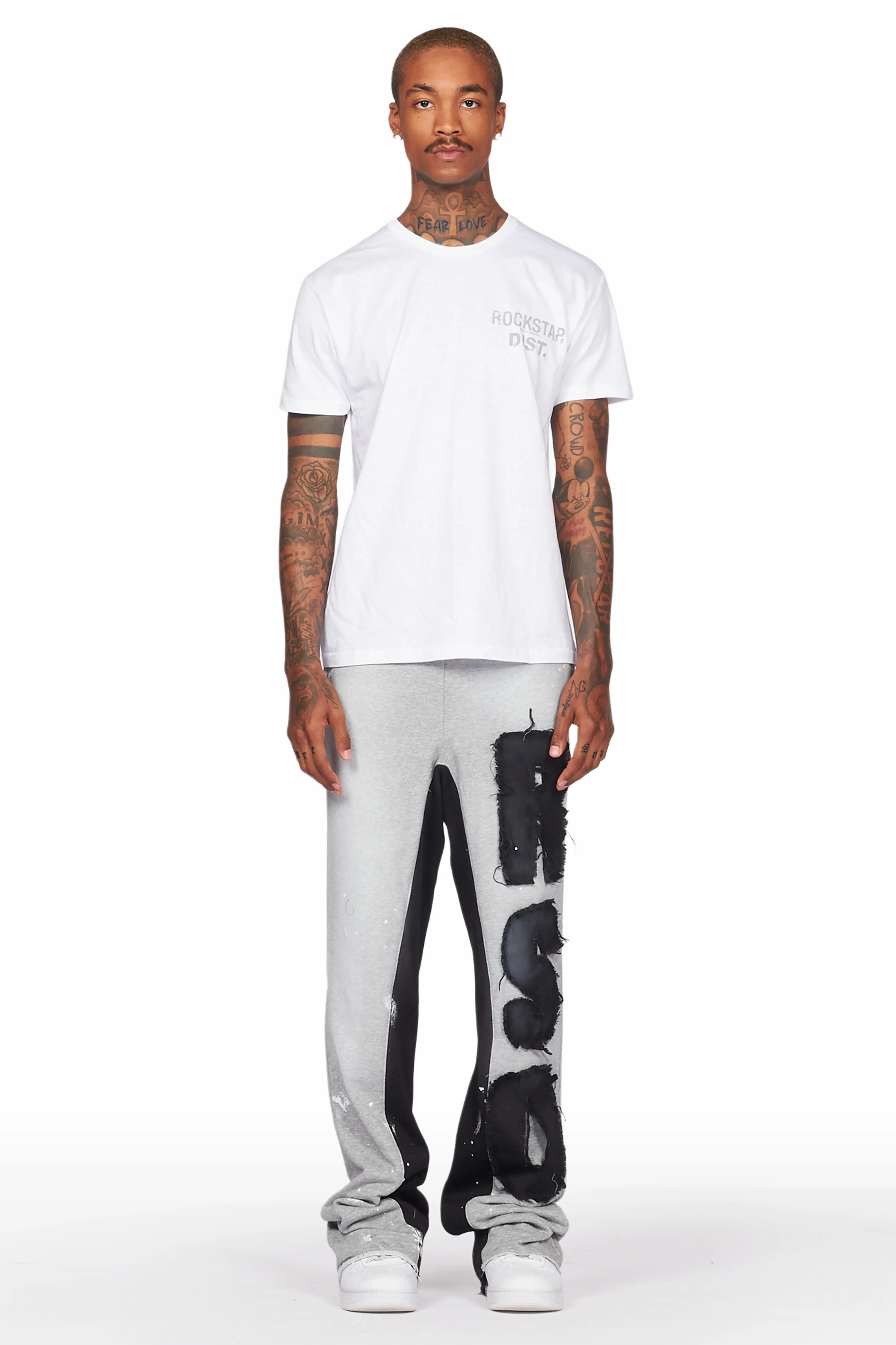 Acotas Grey Patchwork Stacked Baggy Flare Pants