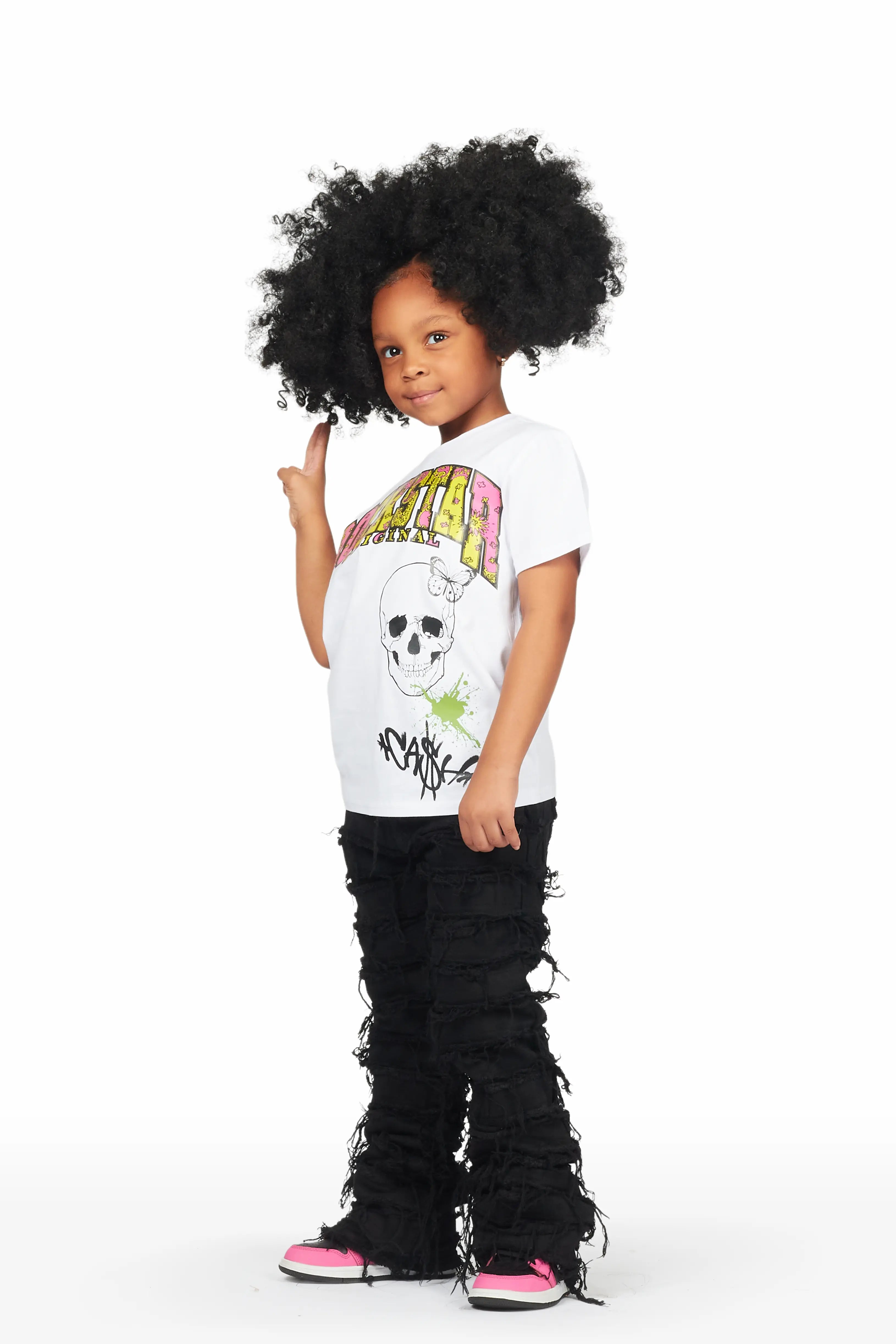 Girls Miah White/Black T-Shirt/Stacked Flare Jean Set