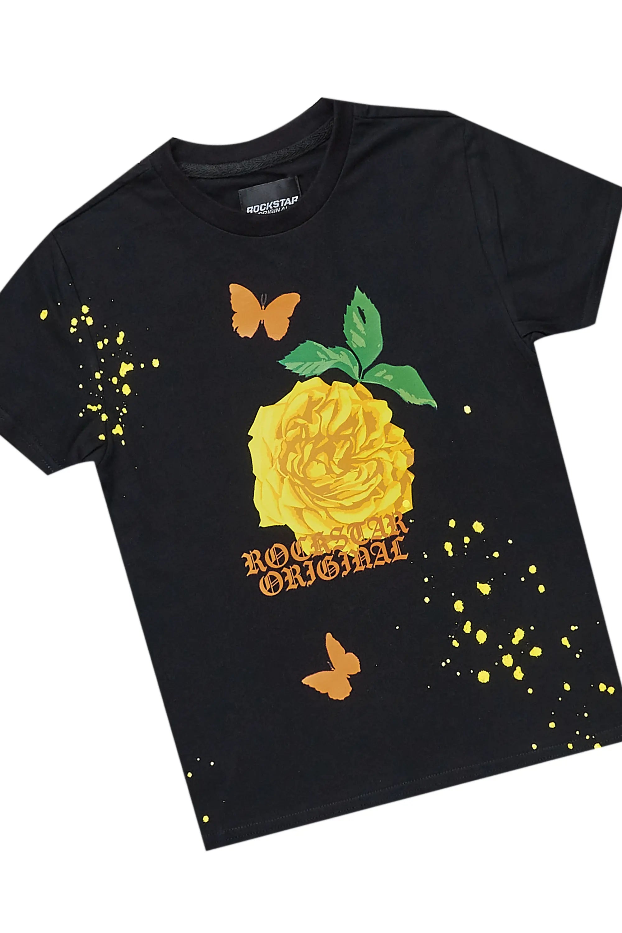 Girls Galia Black T-Shirt/Super Stacked Flare PU Jean Set