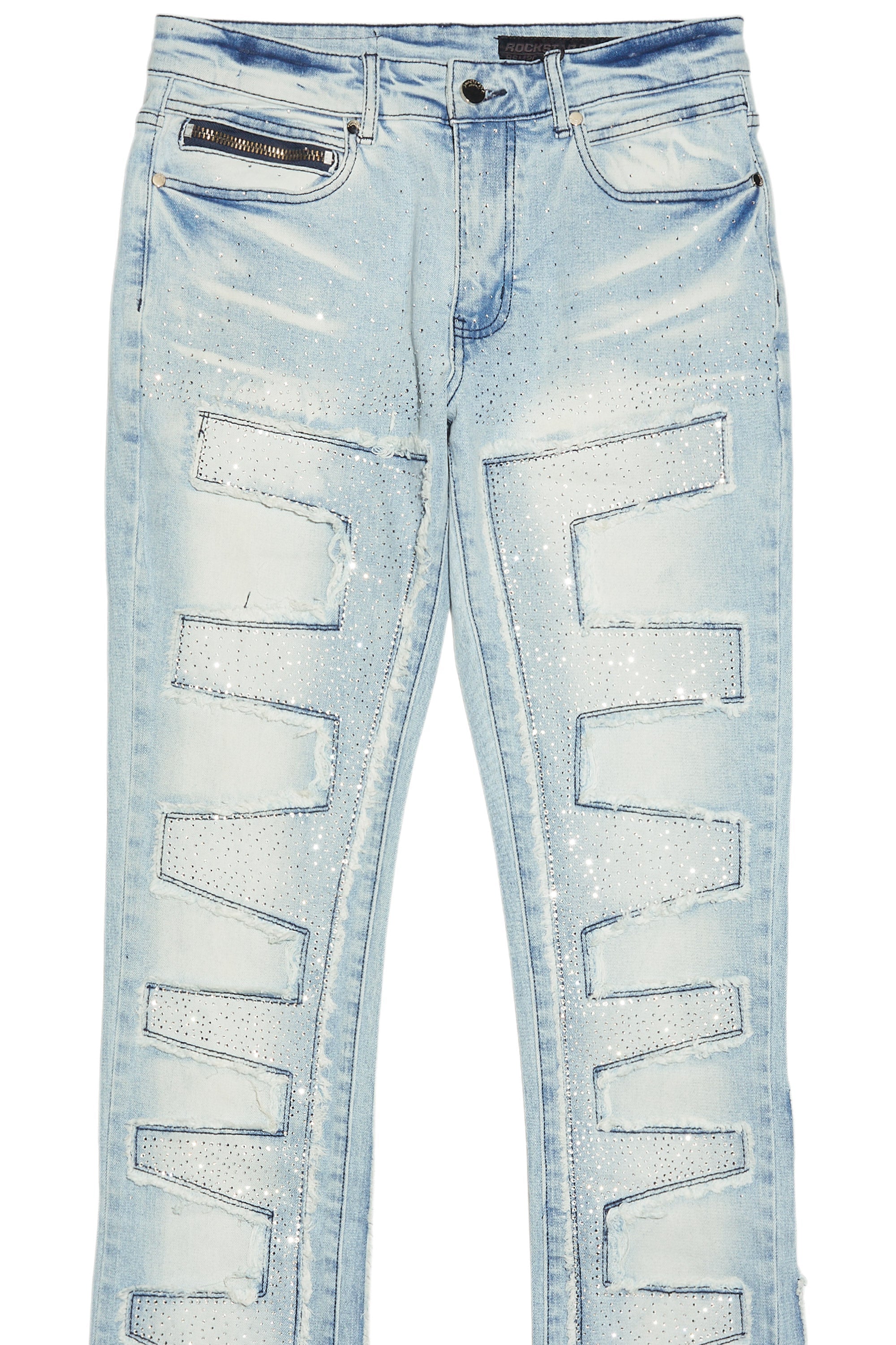 Shake Light Blue Rhinestone Stacked Flare Jean