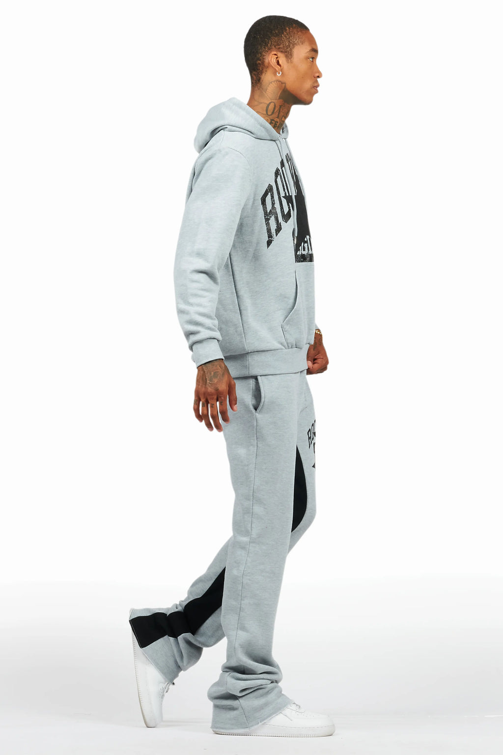 Mallor Heather Grey Baggy Stacked Hoodie Track Set
