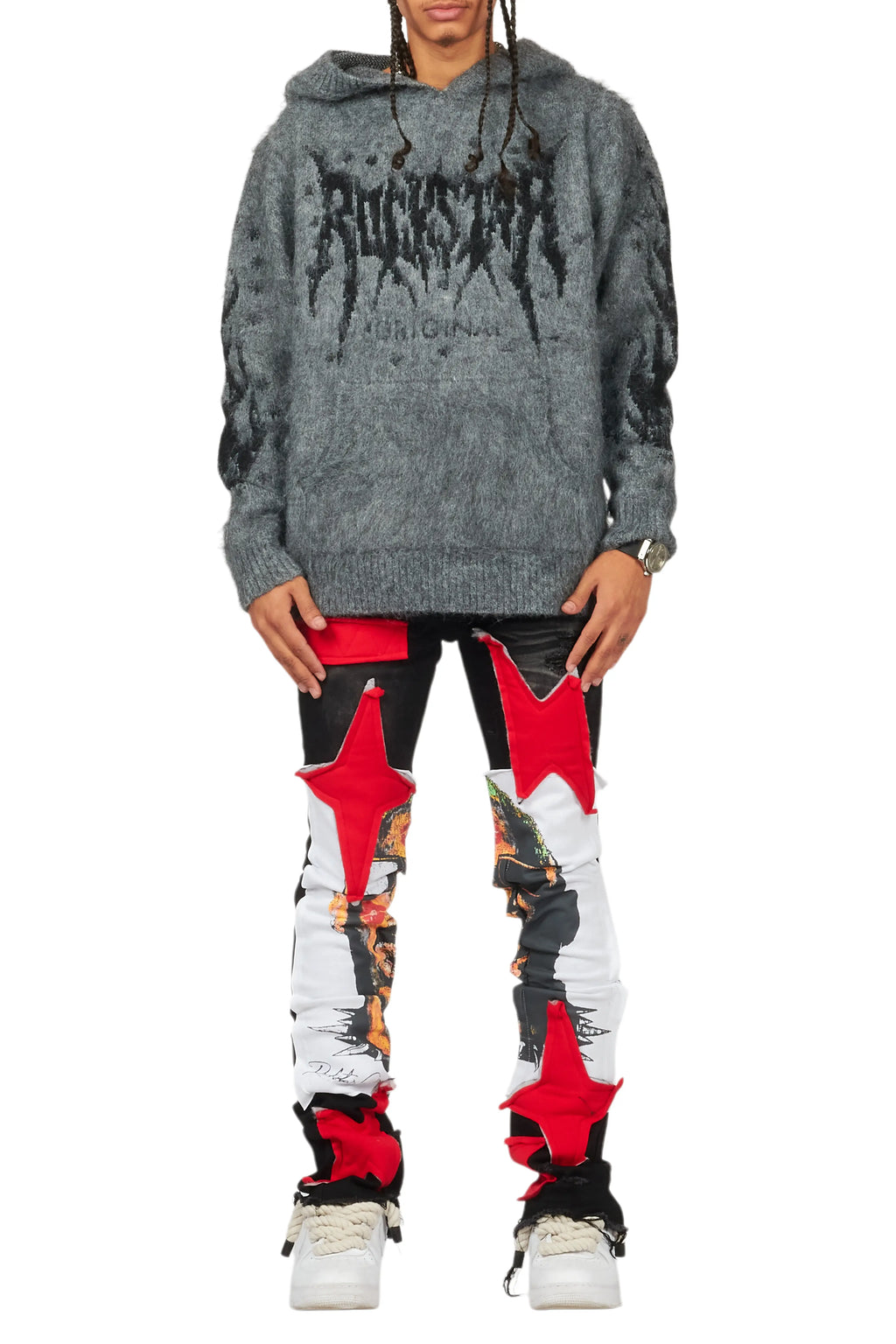 Savage Black/Red Patchwork Stacked Flare Jean