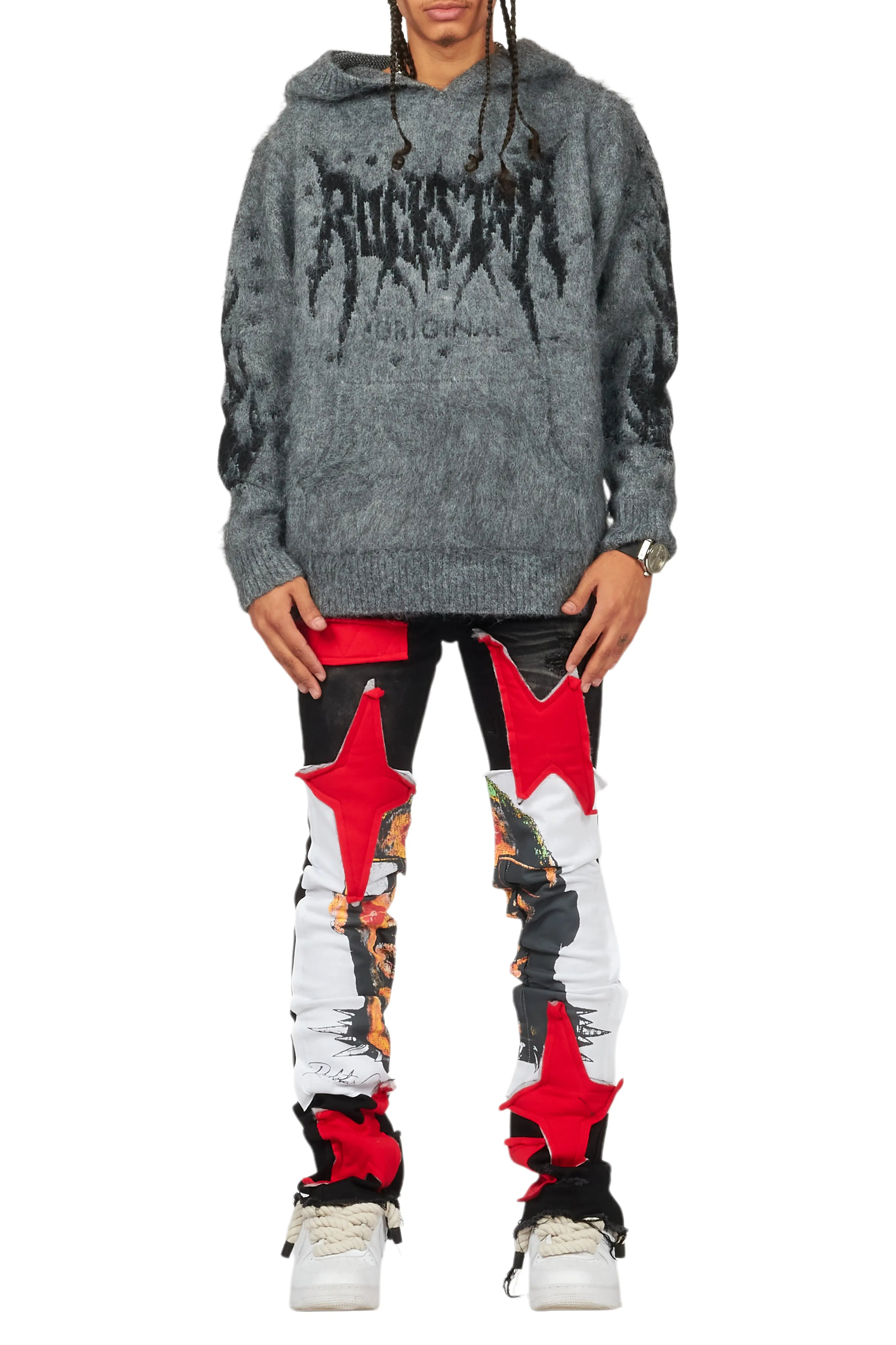 Savage Black/Red Patchwork Stacked Flare Jean